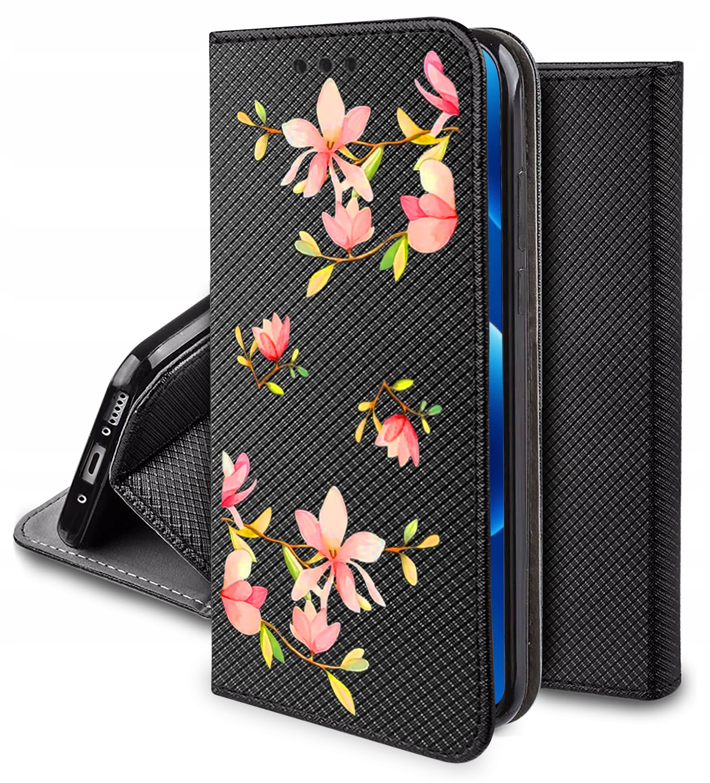 Czarne etui na telefon z teksturą, ozdobione wzorem różowych kwiatów i zielonych liści. Etui jest otwarte, ukazując wnętrze z miejscem na telefon.