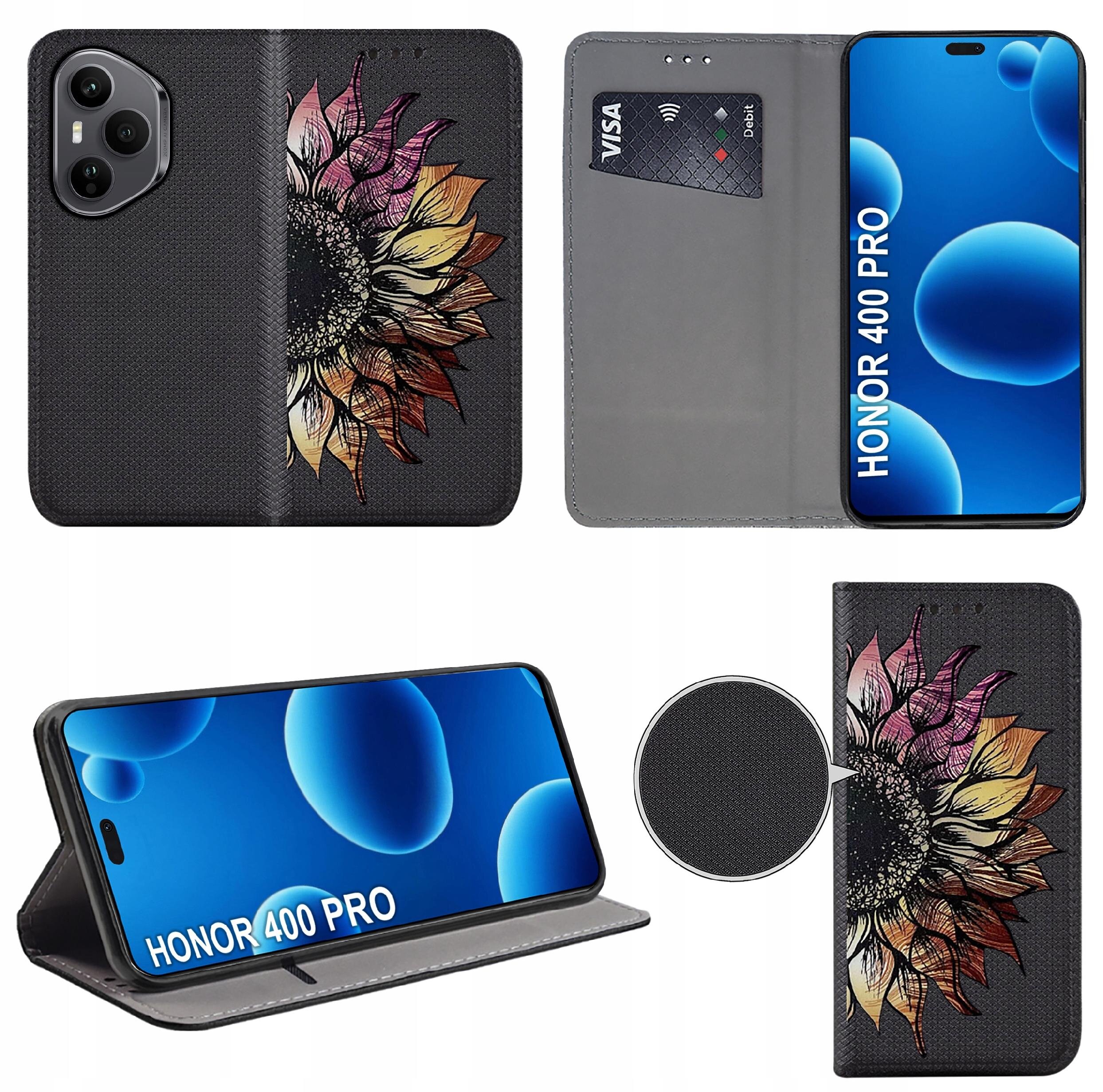 Etui do telefonu z motywem kolorowego kwiatu, z miejscem na kartę płatniczą i napisem \'HONOR 400 PRO\' na ekranie telefonu. Etui posiada funkcję stojaka i jest wykonane z materiału o teksturze widocznej na zbliżeniu.