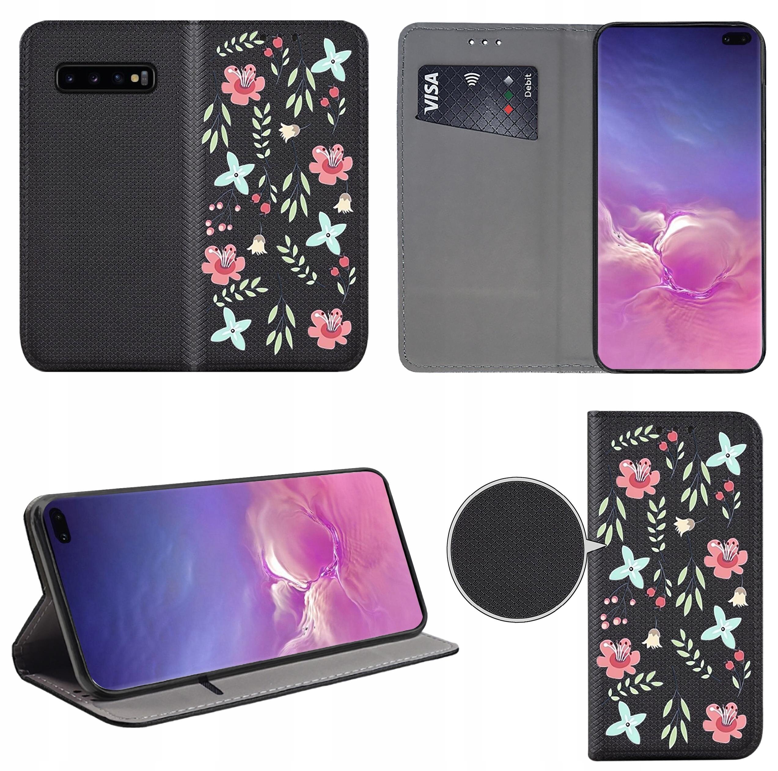 Etui do telefonu z motywem kwiatowym, w kolorach różowym, niebieskim i zielonym, z miejscem na kartę płatniczą z napisem \'VISA debit\'. Etui jest otwarte, ukazując ekran telefonu z abstrakcyjną grafiką w odcieniach fioletu i różu.