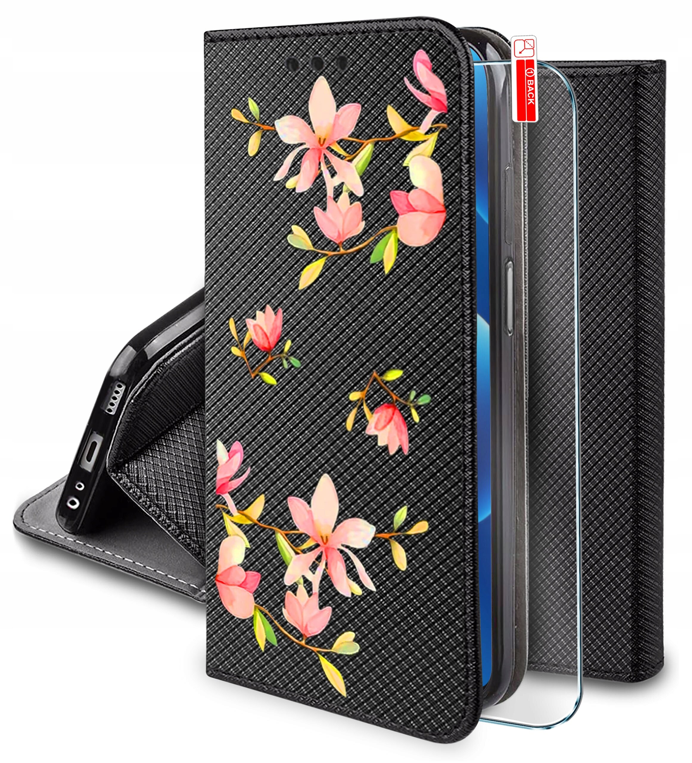 Etui do telefonu z czarnym, teksturowanym tłem ozdobione różowymi kwiatami. Obok etui znajduje się szkło ochronne z napisem \'OB BACK\'.
