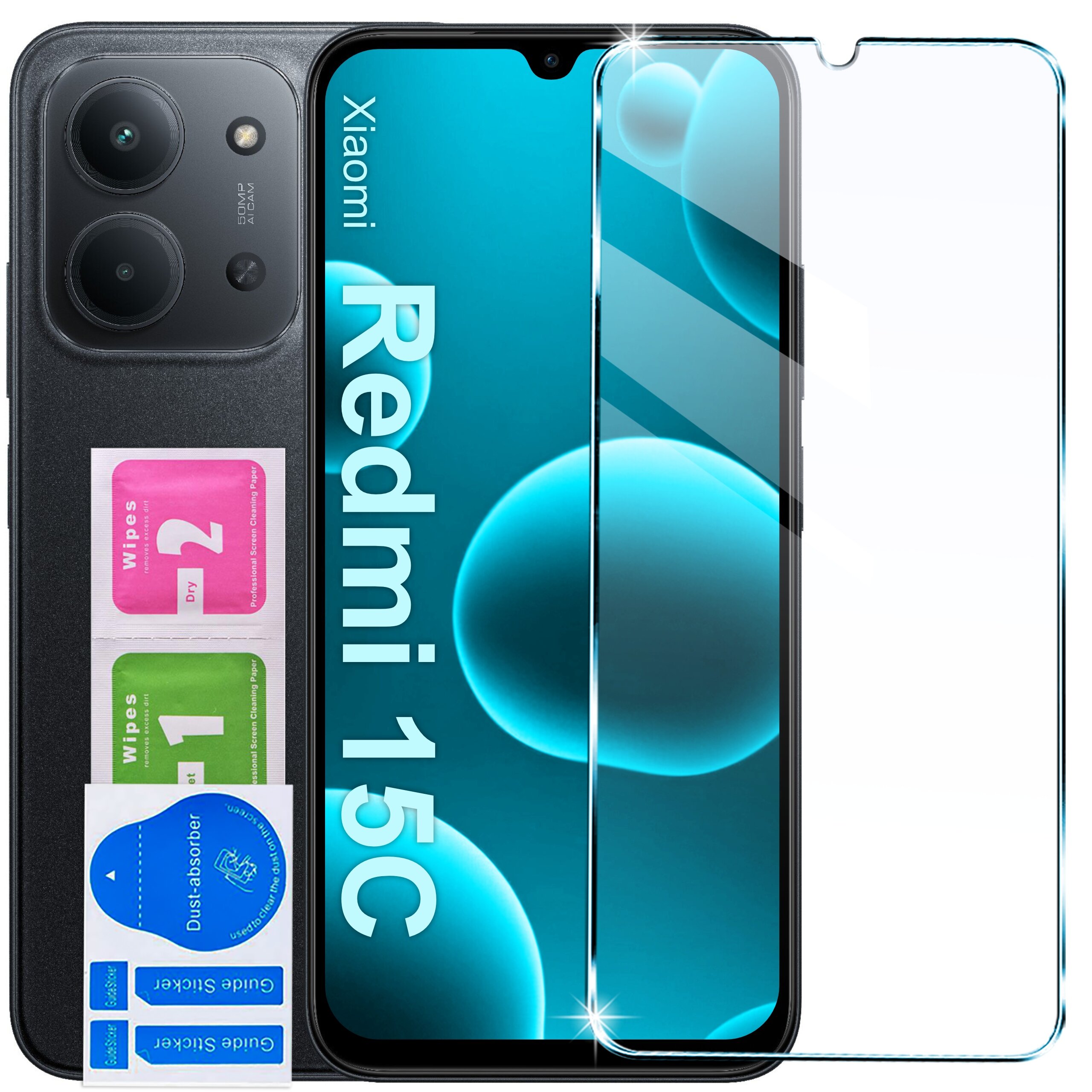 Obraz przedstawia telefon Xiaomi Redmi 15C z nałożonym szkłem ochronnym 9H. Obok telefonu znajdują się dwie ściereczki do czyszczenia oznaczone jako \'Wipes 1\' i \'Wipes 2\' oraz naklejki \'Dust Absorber\' i \'Guide Sticker\'.
