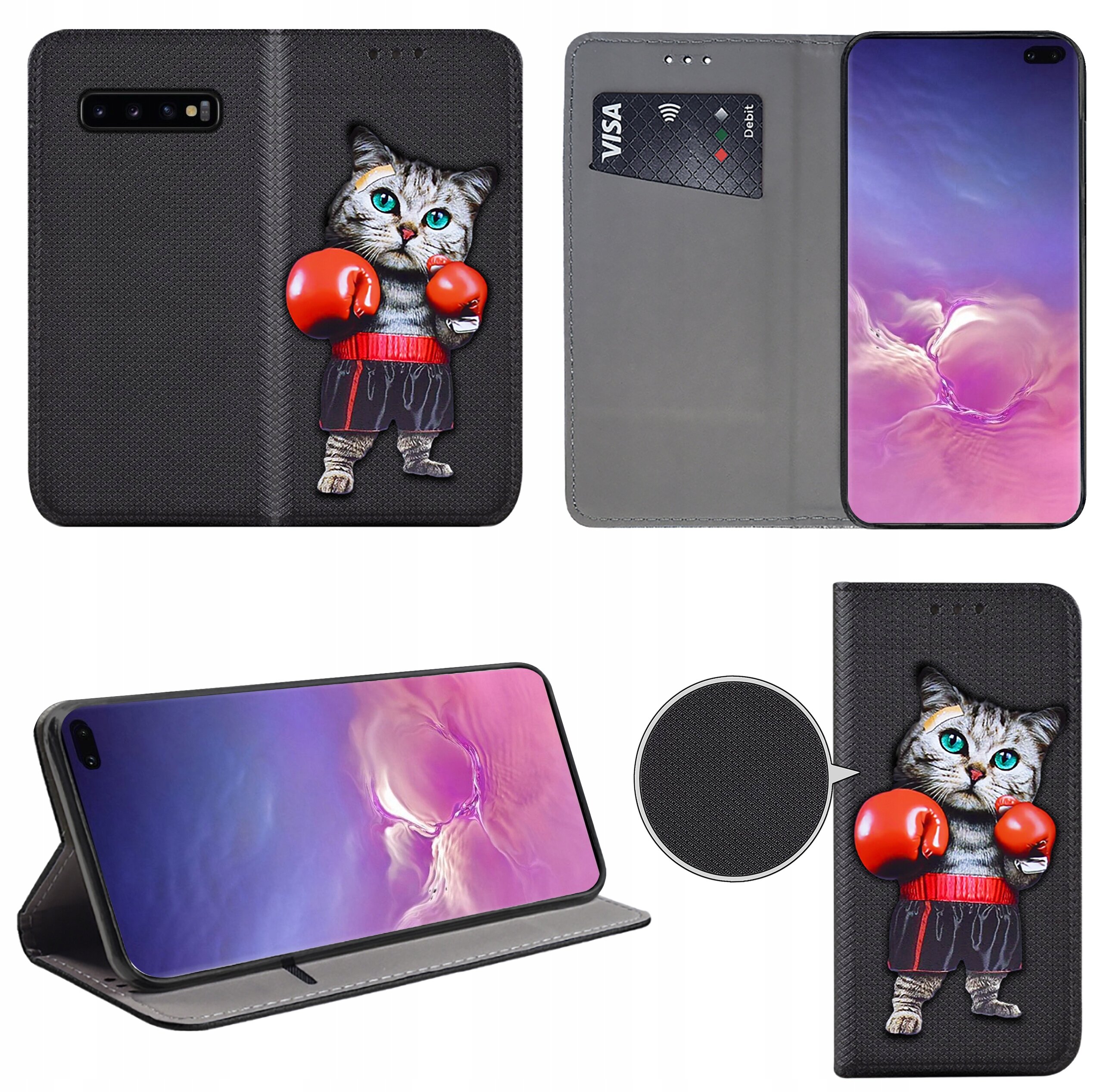 Etui na telefon z nadrukiem kota w czerwonych rękawicach bokserskich. Wewnątrz etui znajduje się miejsce na kartę płatniczą z widocznym napisem \'VISA\'.