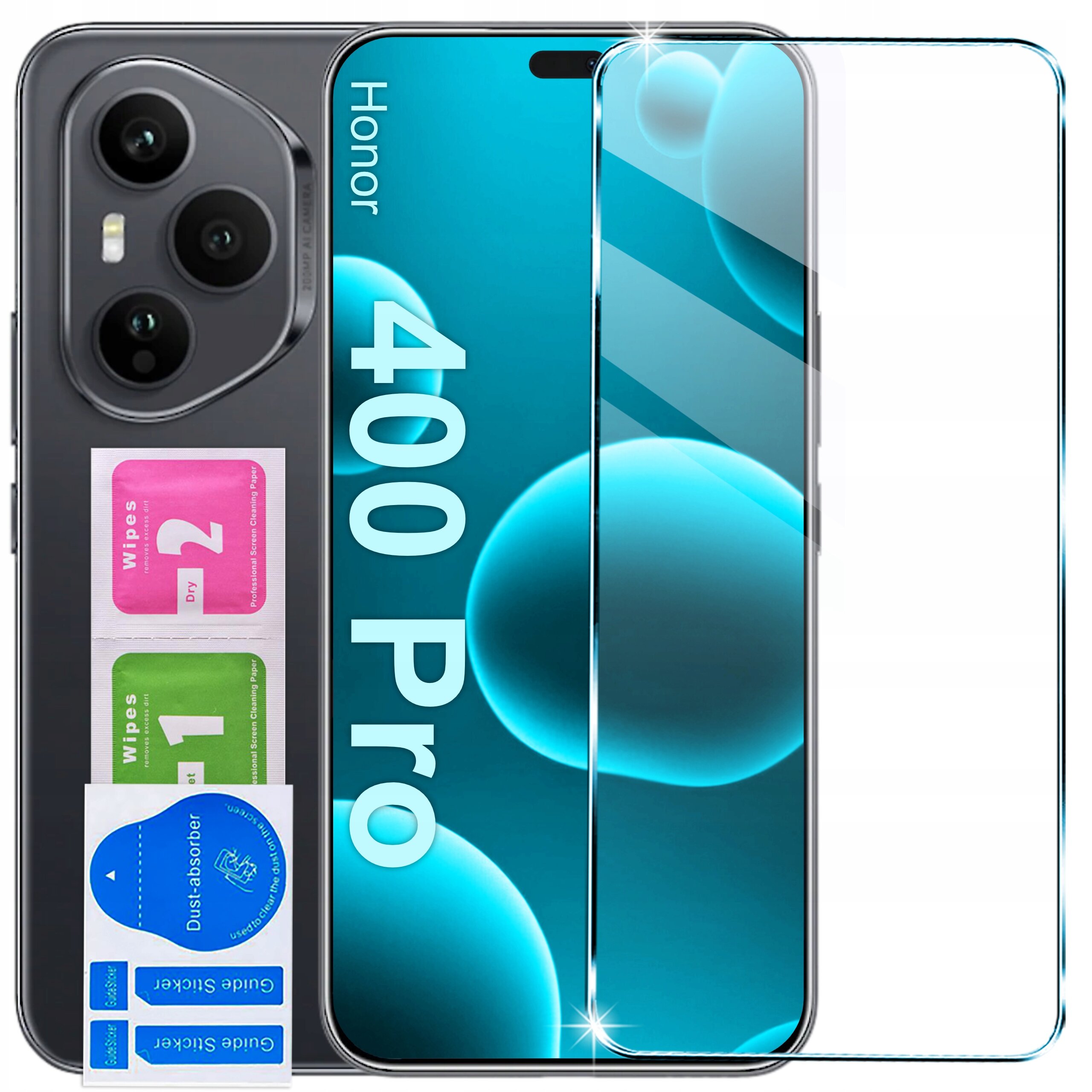Na obrazie widoczny jest telefon z napisem \'Honor 400 Pro\' oraz zestaw akcesoriów, w tym szkło ochronne i ściereczki do czyszczenia oznaczone jako \'Wipes 1\' i \'Wipes 2\'.