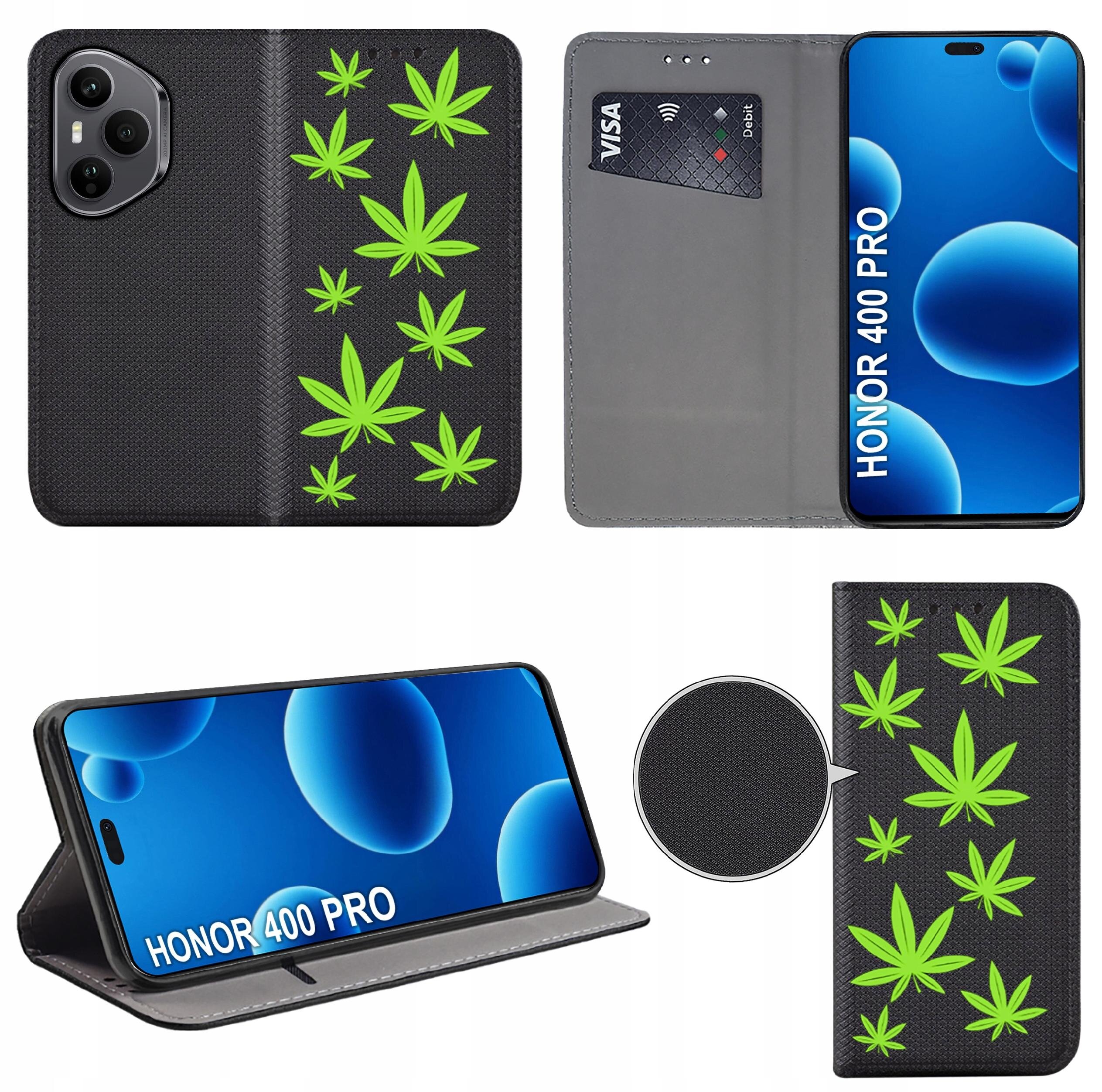 Etui do telefonu z zielonymi wzorami liści na czarnym tle, z miejscem na kartę płatniczą. Na ekranie telefonu widoczny napis \'HONOR 400 PRO\'.