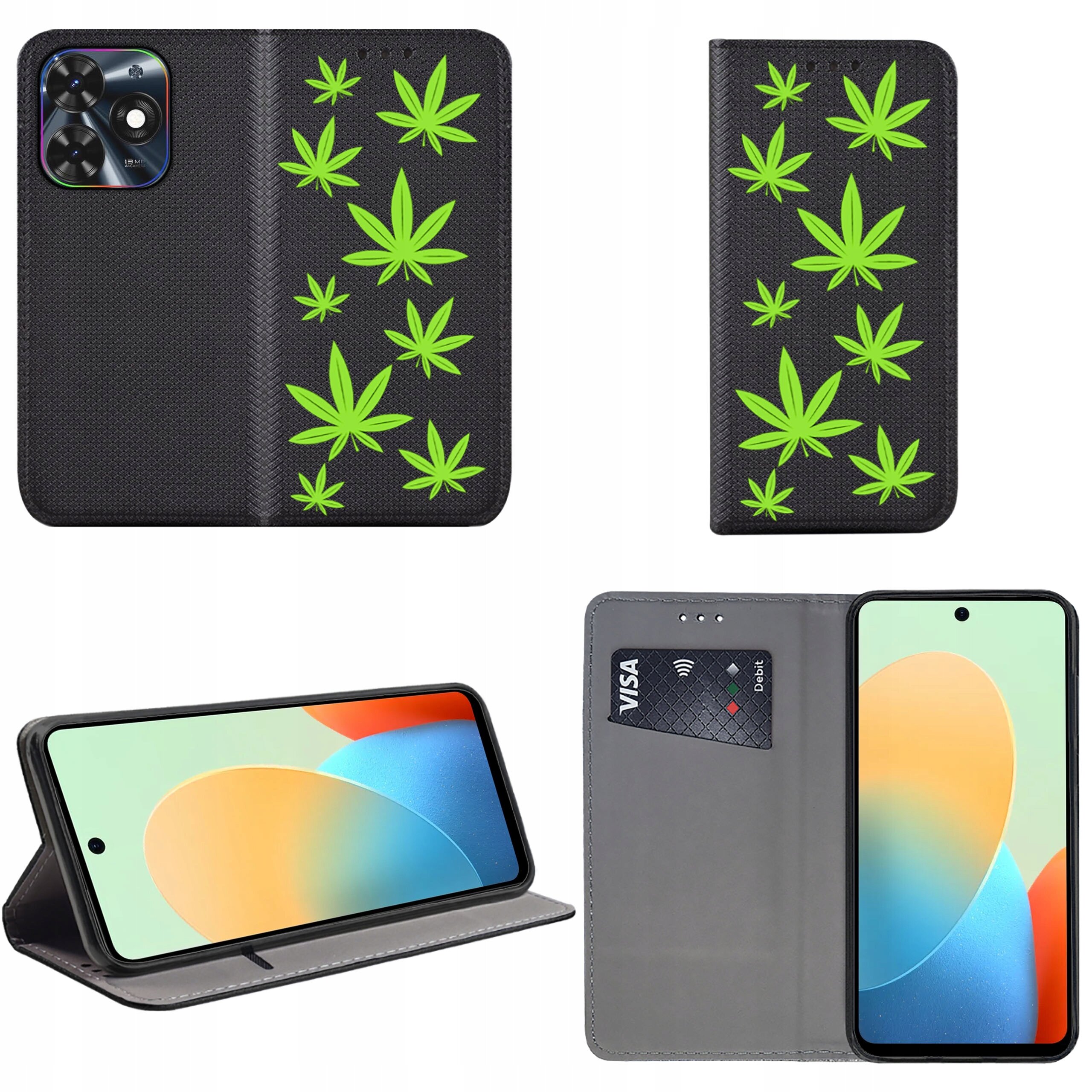 Etui na telefon z czarnym tłem ozdobione zielonymi liśćmi, z funkcją stojaka i miejscem na kartę płatniczą. Wewnątrz znajduje się telefon z kolorowym ekranem.