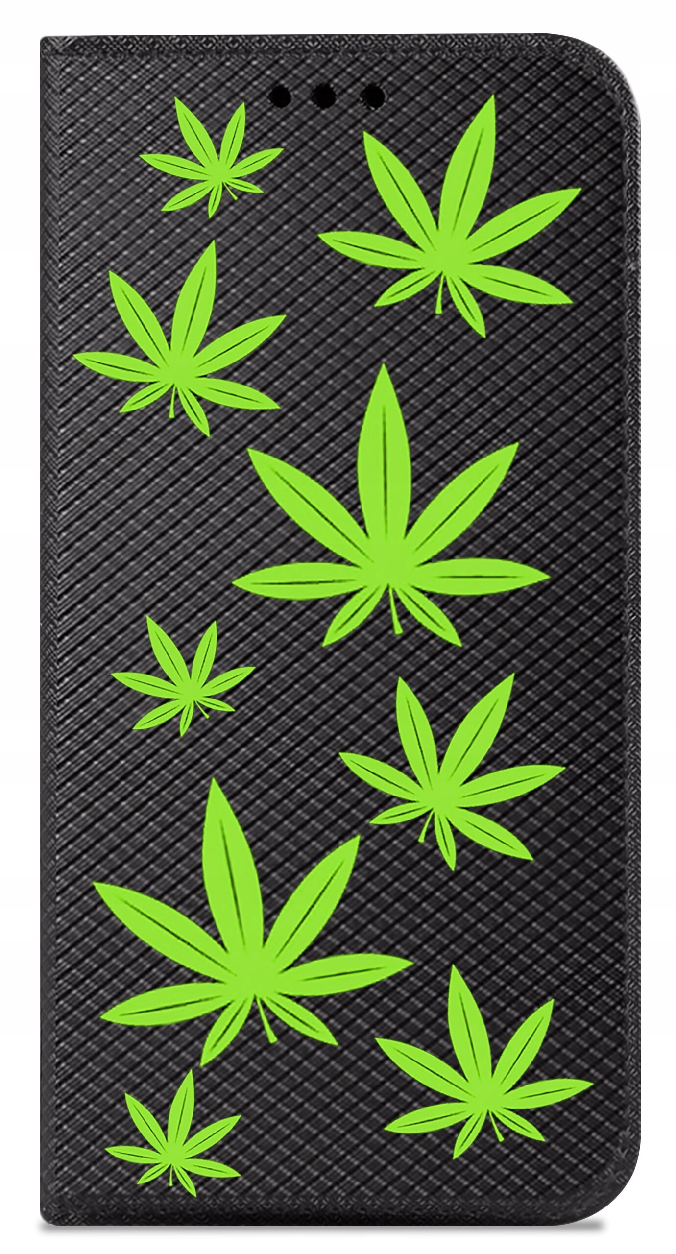Czarne etui z zielonymi wzorami przypominającymi liście na powierzchni o teksturowanym wzorze. Etui jest przeznaczone do telefonu Samsung Galaxy M13.