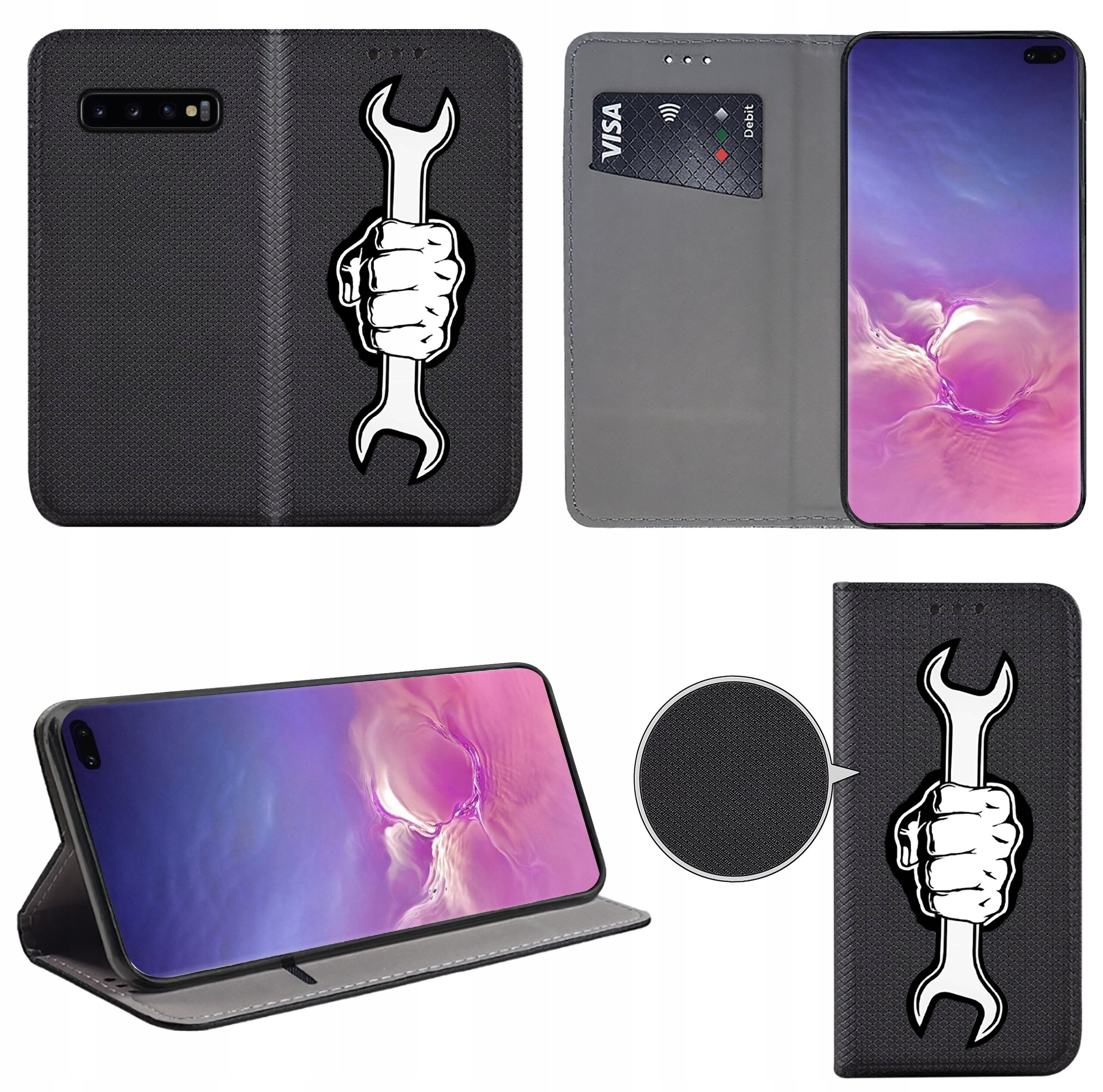Etui na telefon z czarnym wzorem przedstawiającym rękę trzymającą klucz. Wewnątrz znajduje się miejsce na kartę płatniczą z widocznym napisem \'VISA\'.