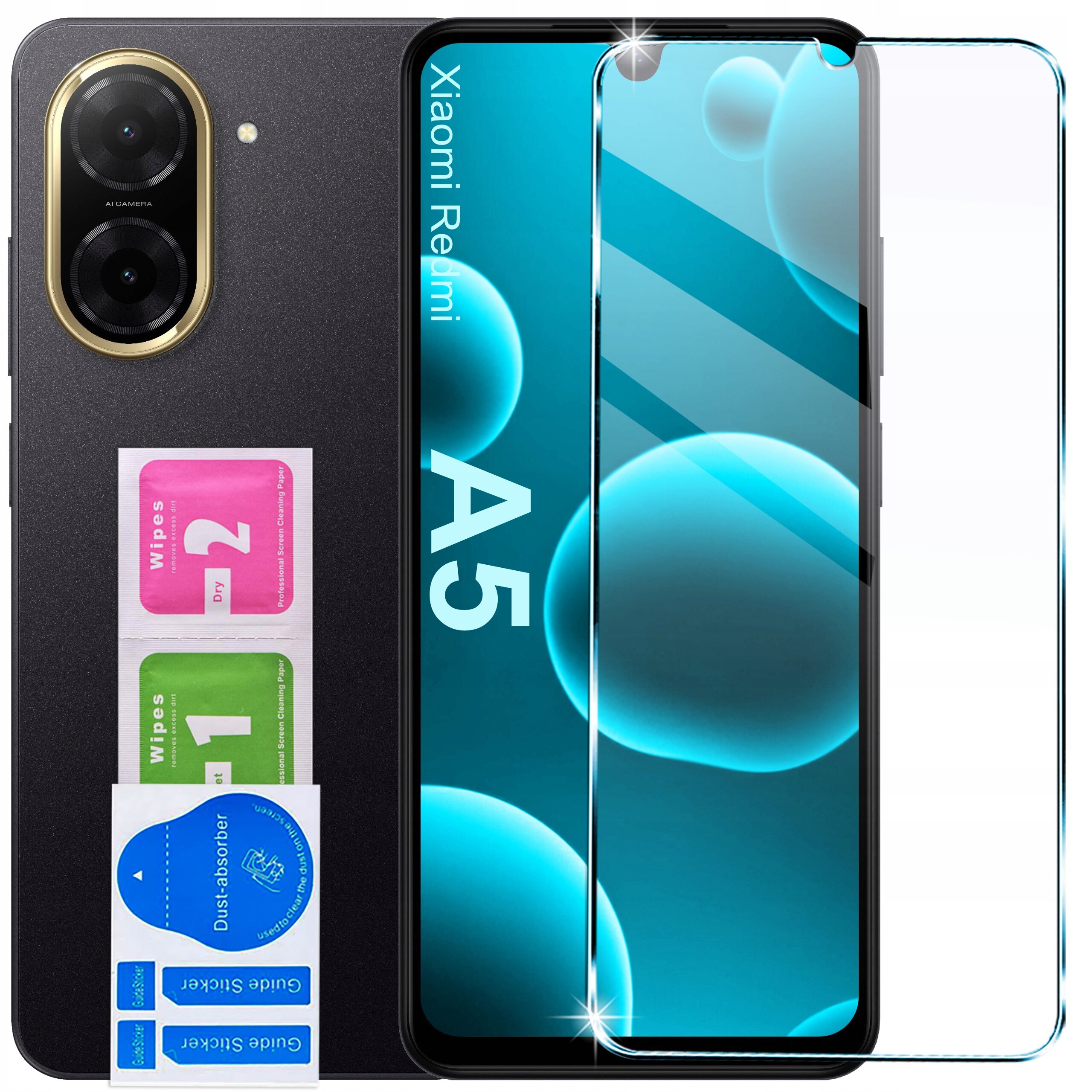 Obraz przedstawia telefon Xiaomi Redmi A5 z nałożonym szkłem ochronnym. Obok znajdują się trzy naklejki: \'Wipes 2 Dry\', \'Wipes 1 Wet\' oraz \'Dust absorber\'.