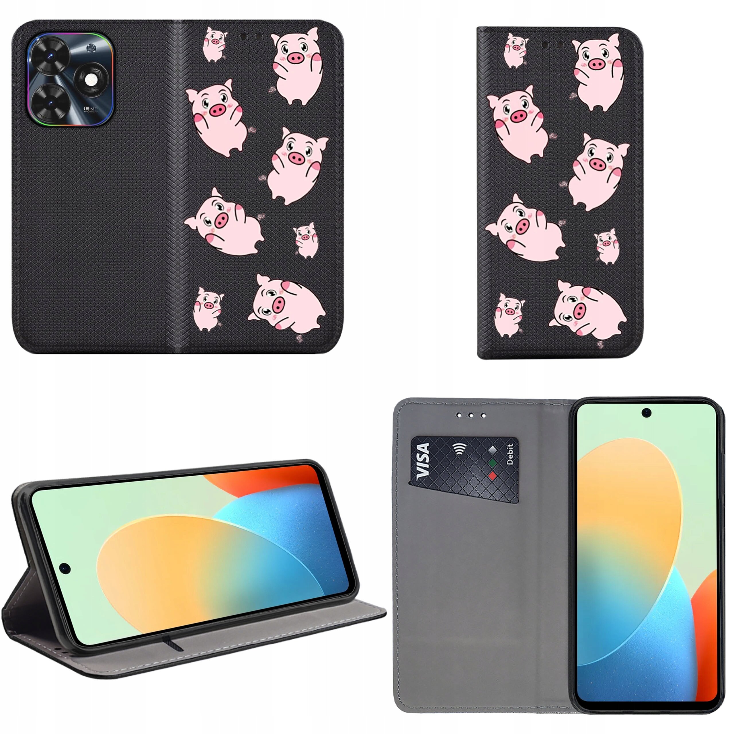 Etui na telefon z czarnym tłem ozdobione różowymi świnkami, z funkcją stojaka i miejscem na kartę płatniczą. Wewnątrz znajduje się telefon z kolorowym ekranem.