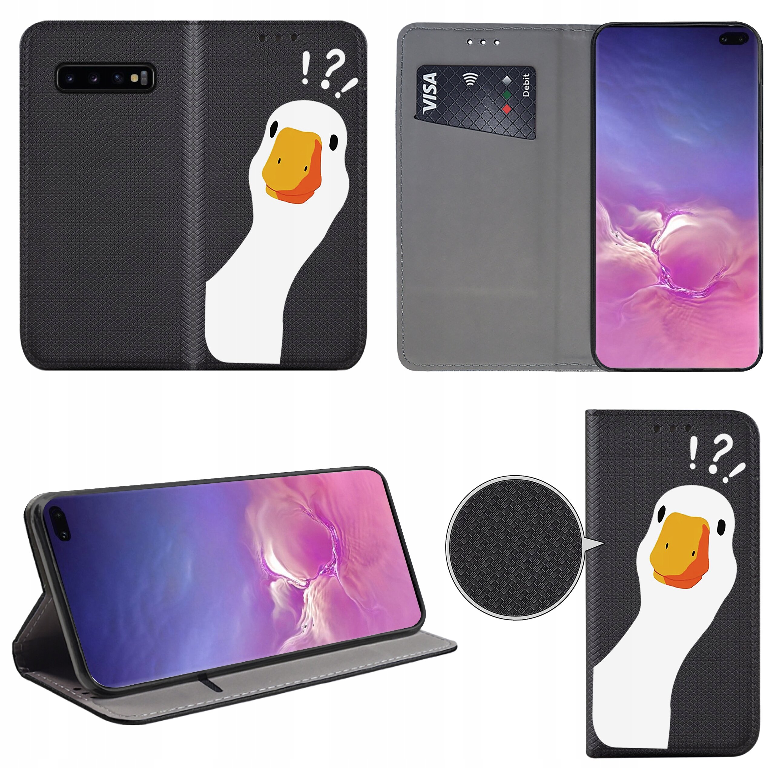 Etui na telefon z motywem kaczki na czarnym tle, z miejscem na kartę płatniczą i funkcją stojaka. Widoczny jest ekran telefonu z abstrakcyjną grafiką w odcieniach różu i fioletu.
