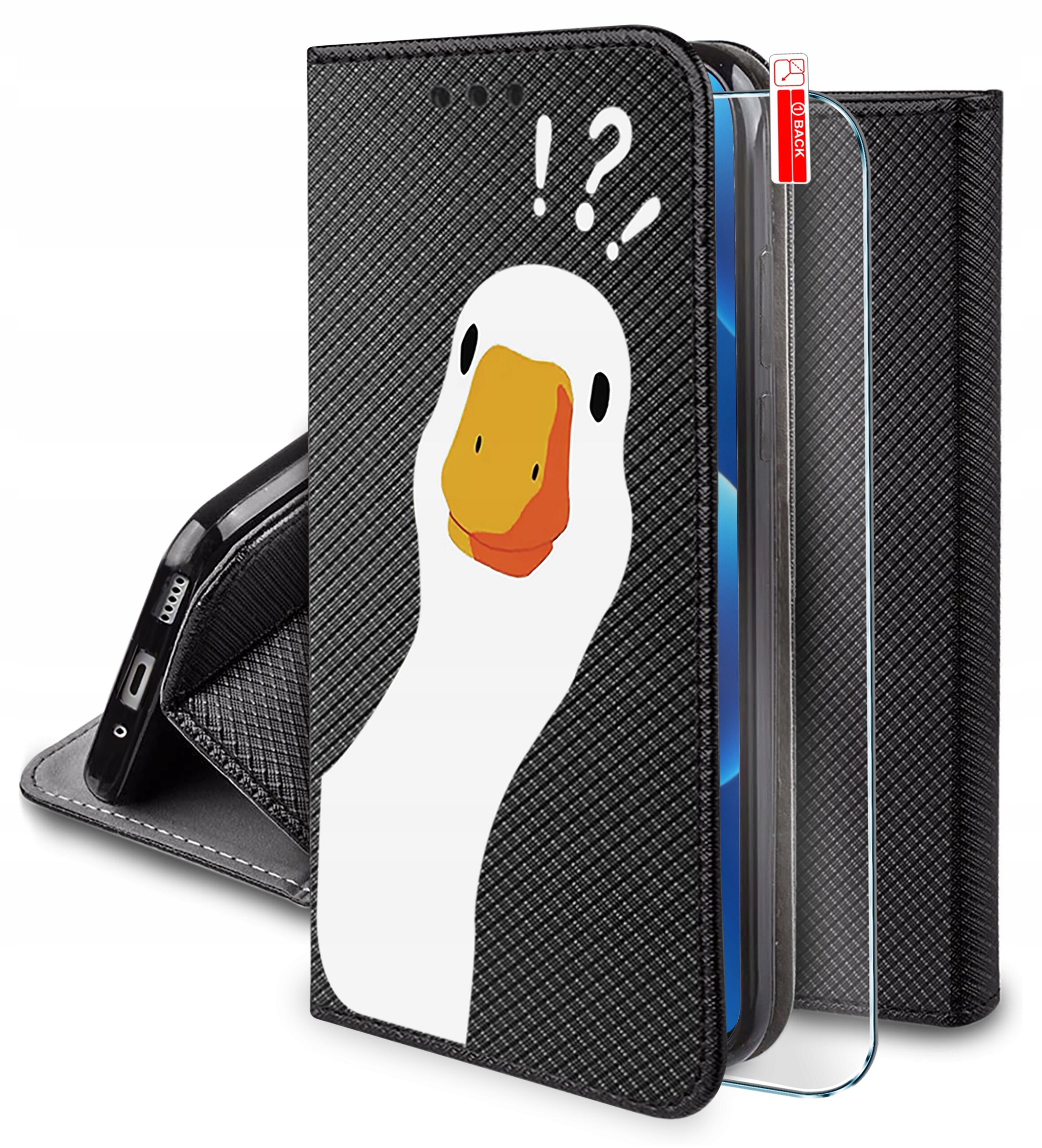 Etui na telefon z czarnym wzorem i nadrukiem białej kaczki z pomarańczowym dziobem oraz znakami zapytania i wykrzyknikami nad głową. Obok etui znajduje się szkło ochronne z napisem \'0.3 BLACK\'.