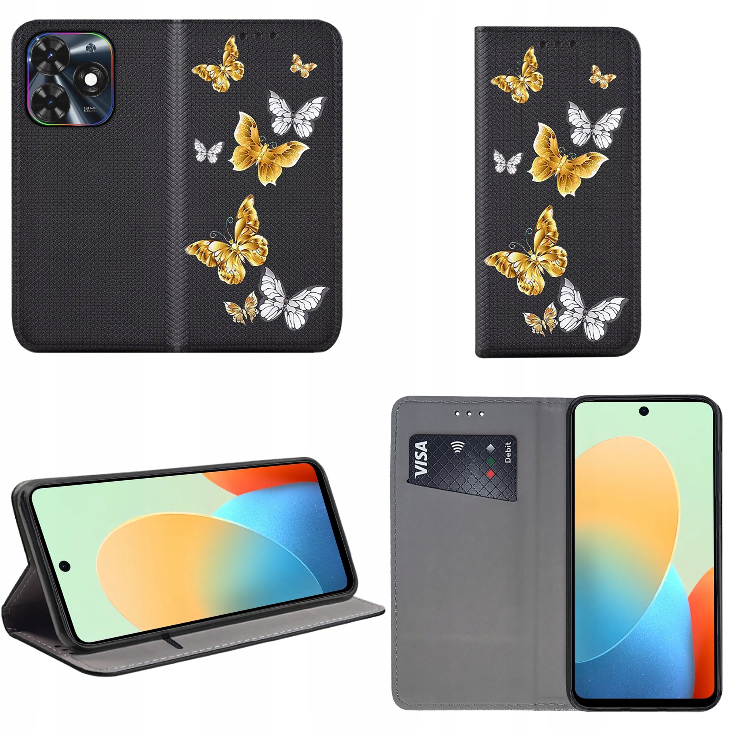 Etui na telefon z motywem złotych i białych motyli na czarnym tle, z funkcją portfela i miejscem na kartę płatniczą. Wewnątrz znajduje się telefon z kolorowym ekranem.