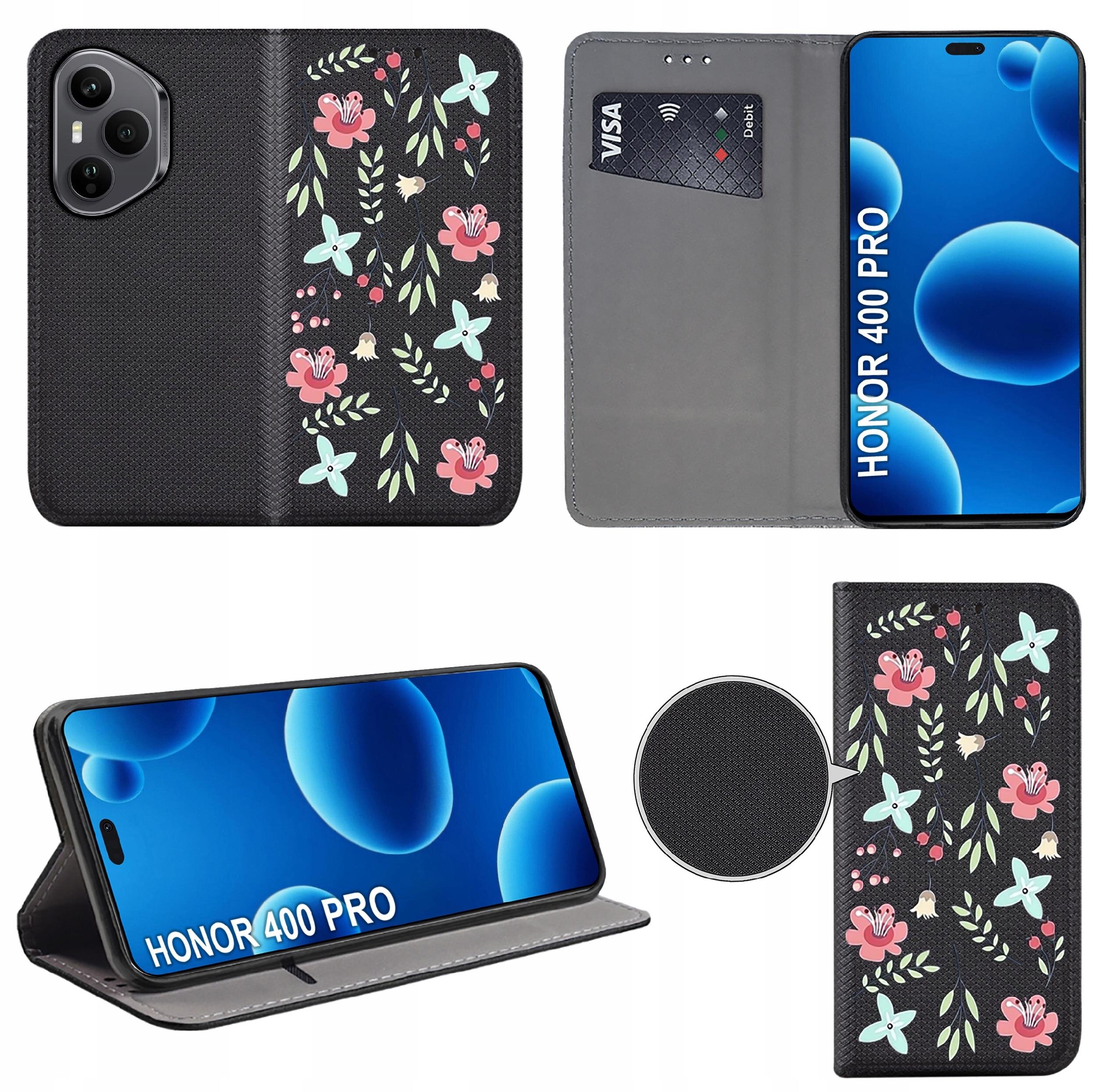 Etui do telefonu z motywem kwiatowym, w kolorze czarnym, z miejscem na kartę płatniczą. Na ekranie telefonu widoczny jest napis \'HONOR 400 PRO\'.