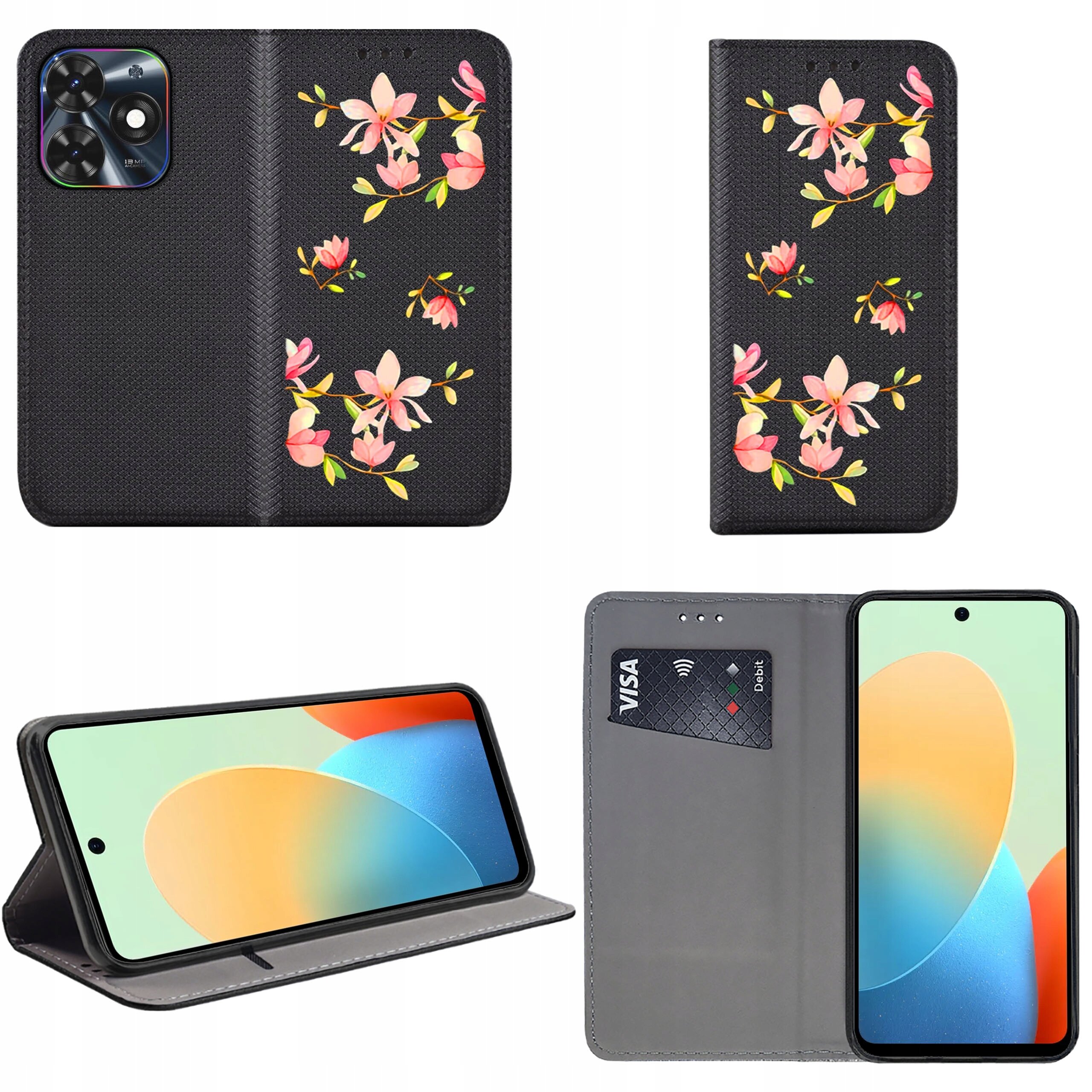 Na obrazie widoczne jest czarne etui z kwiatowym wzorem, które pełni funkcję portfela z miejscem na kartę. Obok etui znajduje się telefon z kolorowym ekranem.