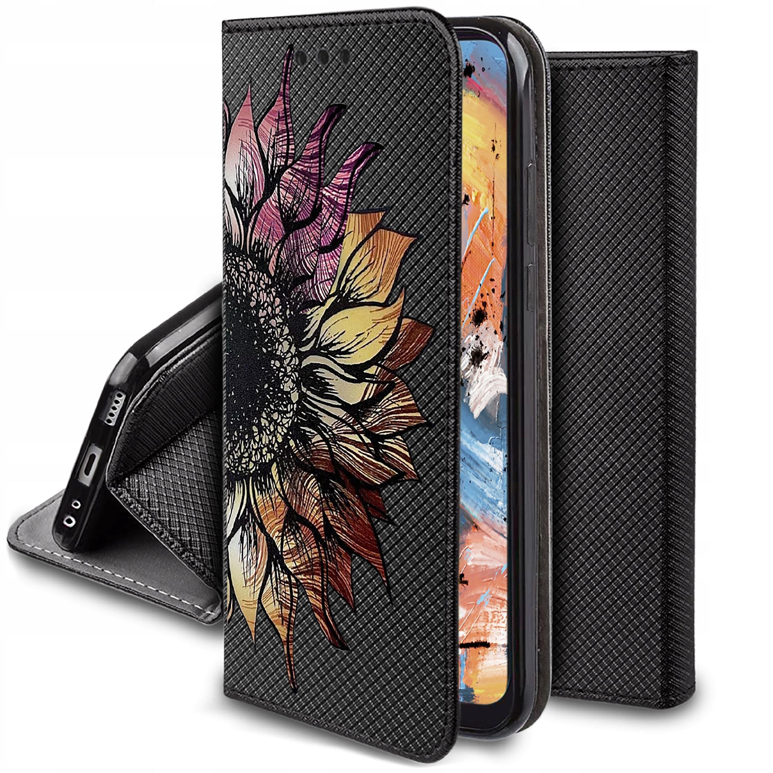 Etui na telefon z czarnym wzorem i kolorowym motywem kwiatu. Wewnątrz widoczny jest telefon z kolorowym ekranem.