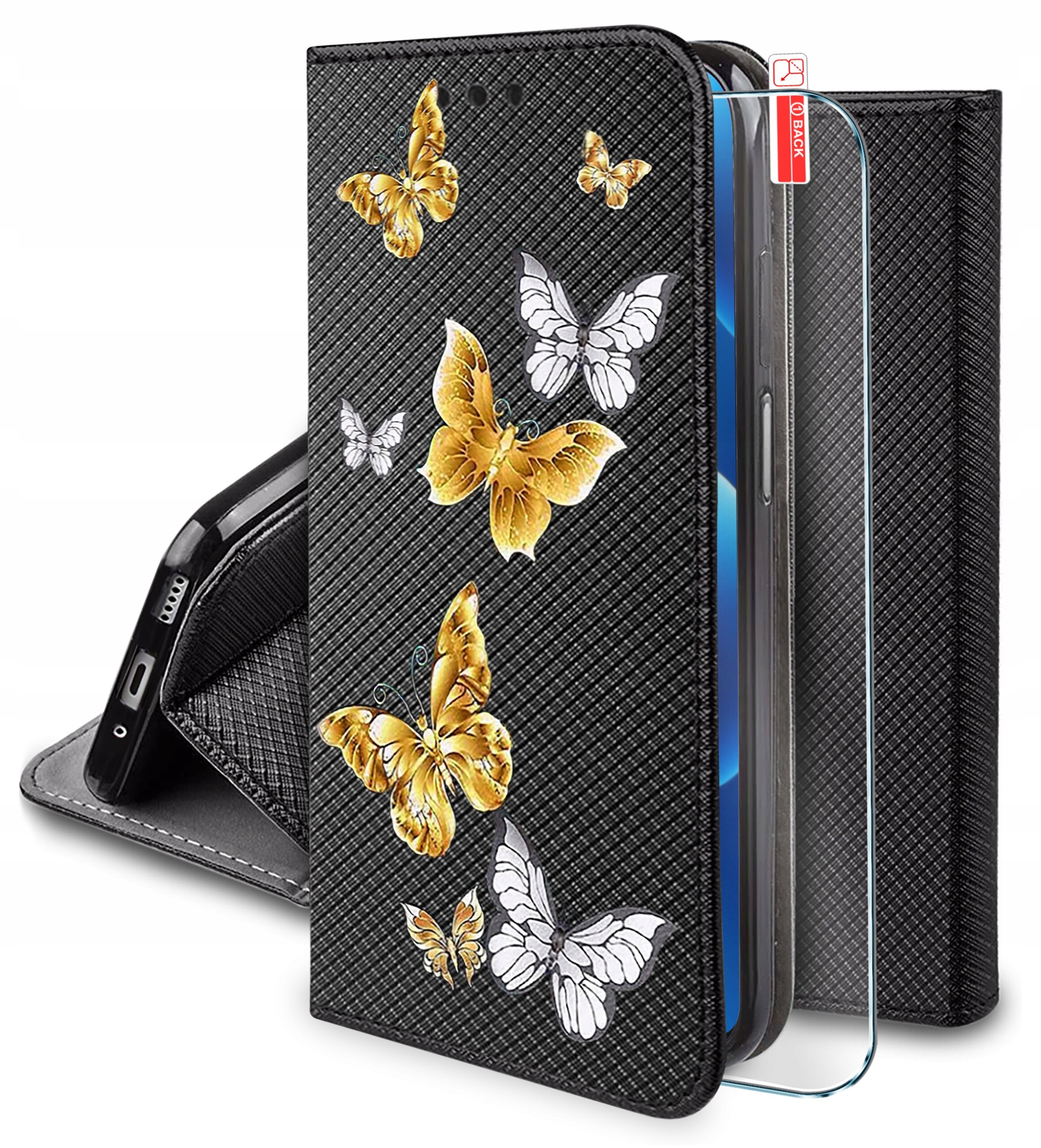 Etui na telefon z czarnym wzorem i motywem kolorowych motyli. Obok etui znajduje się szkło ochronne z oznaczeniem \'0.3 Back\'.