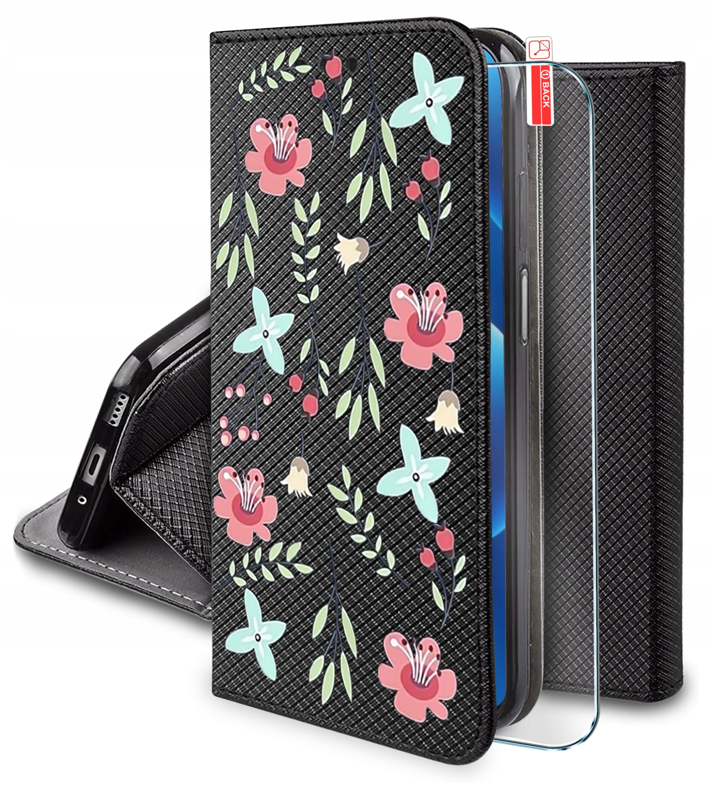 Etui na telefon z czarnym tłem ozdobione kolorowymi kwiatami i liśćmi. Obok etui znajduje się szkło ochronne z oznaczeniem \'10 BACK\'.