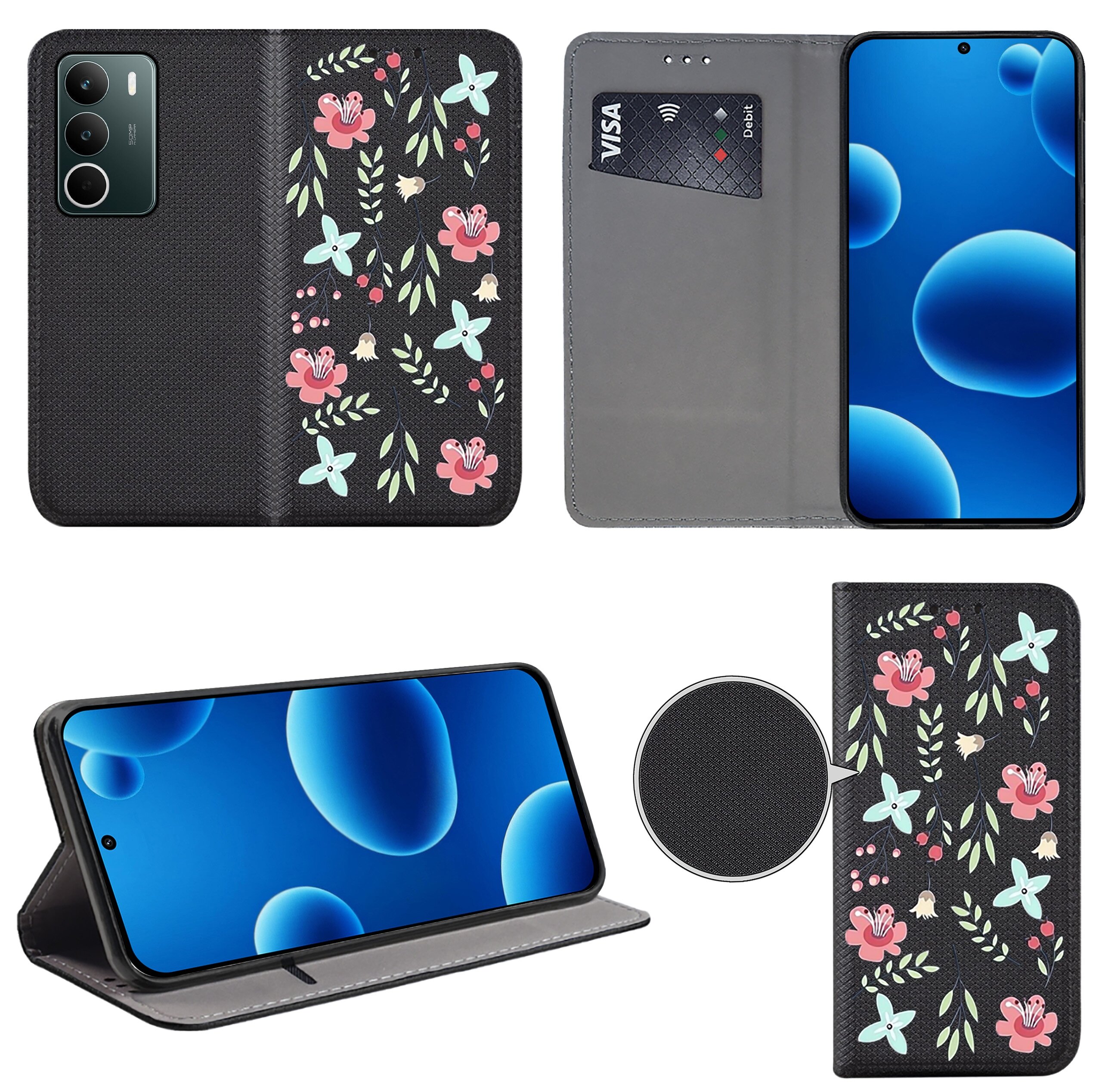 Etui na telefon z kolorowym wzorem kwiatowym, posiada miejsce na kartę płatniczą z widocznym napisem \'VISA\'. Telefon w etui wyświetla niebieski ekran z okrągłymi kształtami.