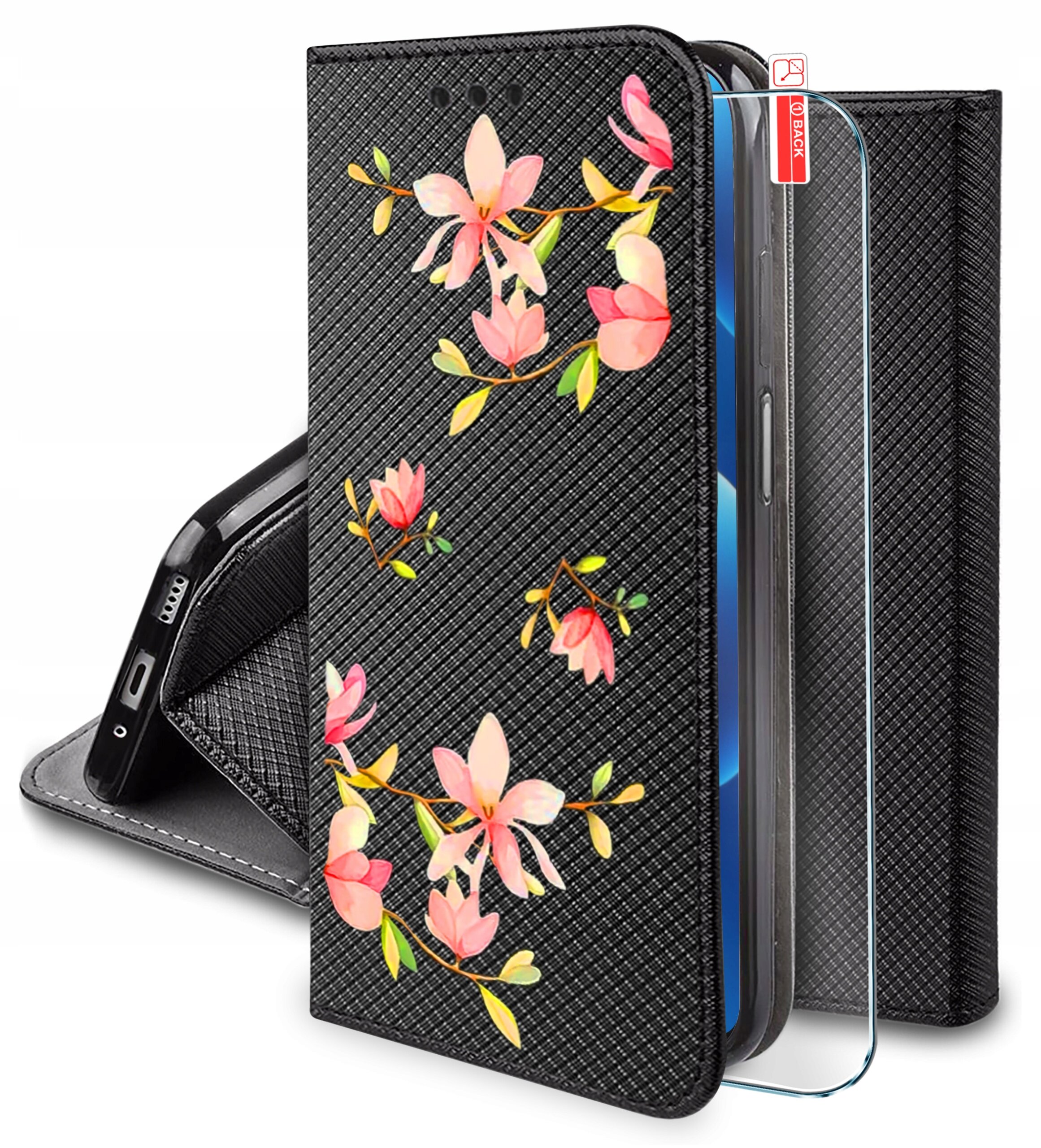 Etui na telefon z czarnym wzorem i kolorowymi kwiatami, obok widoczne szkło ochronne. Na etui znajduje się napis \'9H Glass\'.