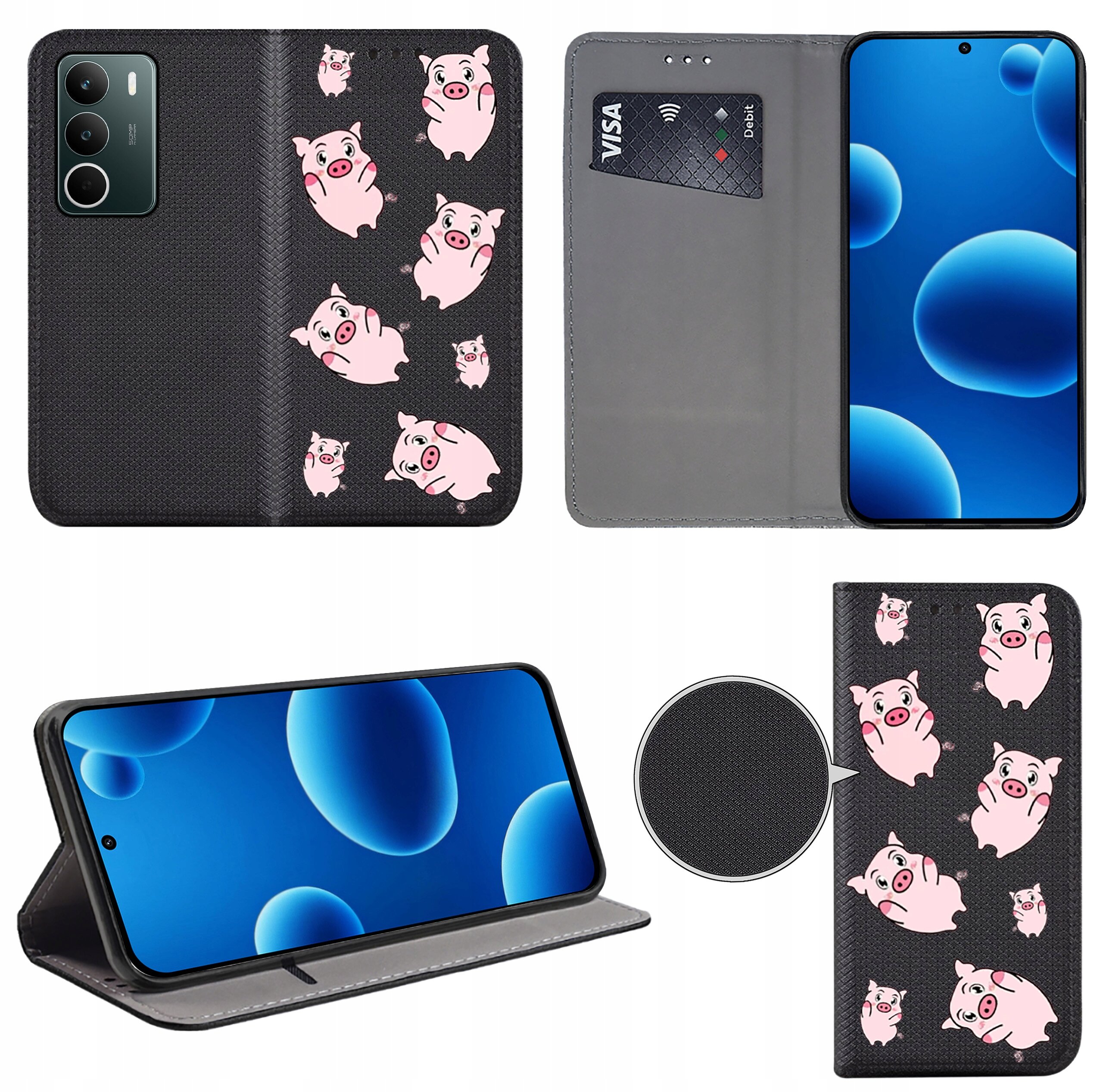 Etui do telefonu z motywem różowych świnek na czarnym tle, posiada funkcję portfela z miejscem na kartę płatniczą. Telefon w etui wyświetla niebieski ekran z bąbelkami.