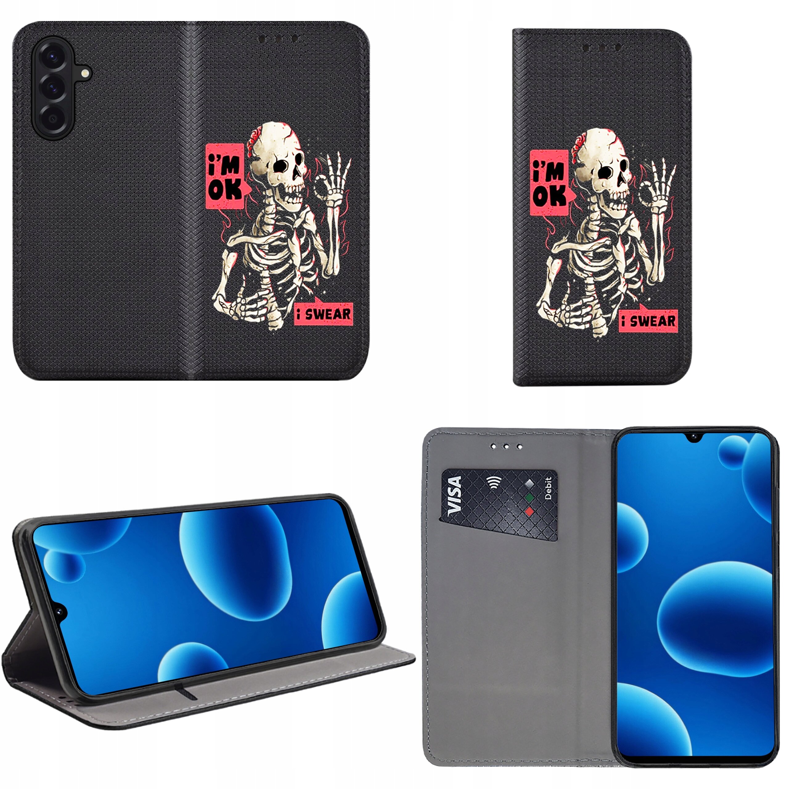 Etui na telefon z czarnym tłem i grafiką szkieletu z napisami \'i\'m OK\' oraz \'i SWEAR\'. Wnętrze etui posiada miejsce na kartę płatniczą z widocznym napisem \'VISA\'.