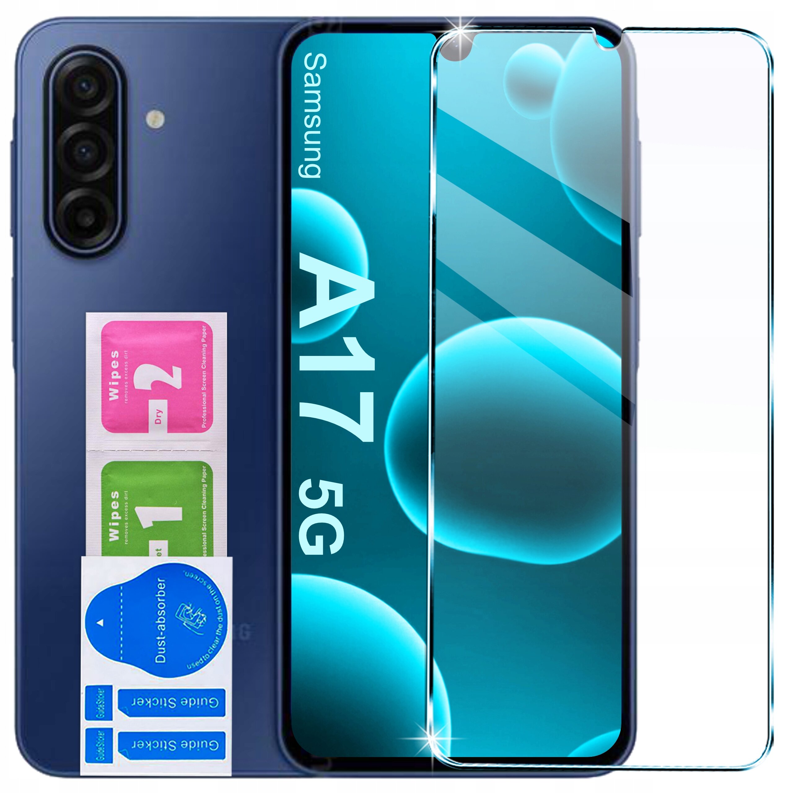 Na obrazie widoczny jest telefon Samsung A17 5G z trzema aparatami z tyłu oraz zestaw dwóch szkieł ochronnych 9H. Obok znajdują się dwie ściereczki do czyszczenia oznaczone jako \'Wipes 1\' i \'Wipes 2\' oraz naklejki \'Dust-absorber\' i \'Guide sticker\'.