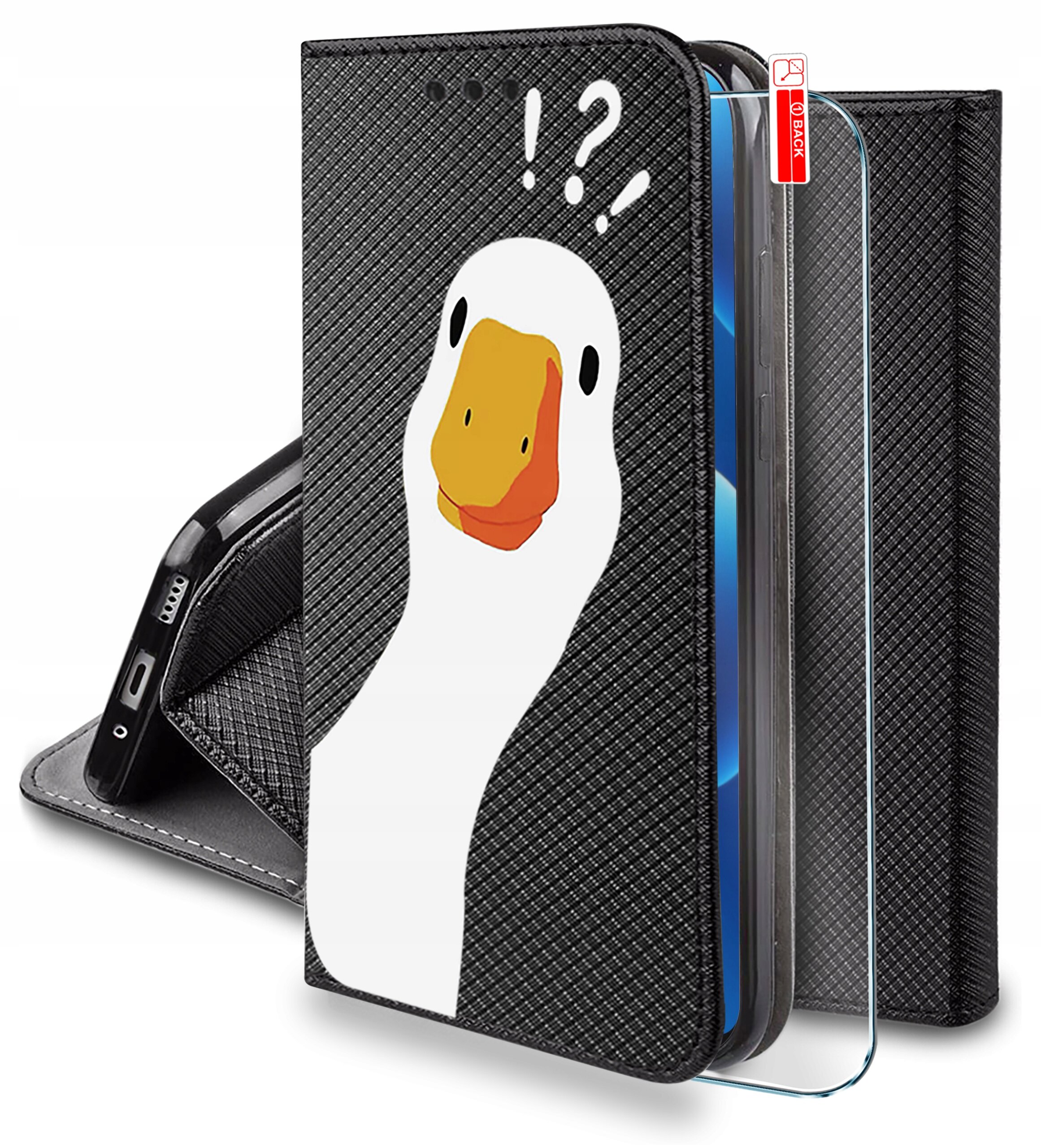 Etui na telefon z czarnym wzorem i grafiką białej kaczki z wykrzyknikami i znakami zapytania nad głową. Obok etui znajduje się szkło ochronne z czerwoną etykietą \'0.3 BLACK\'.