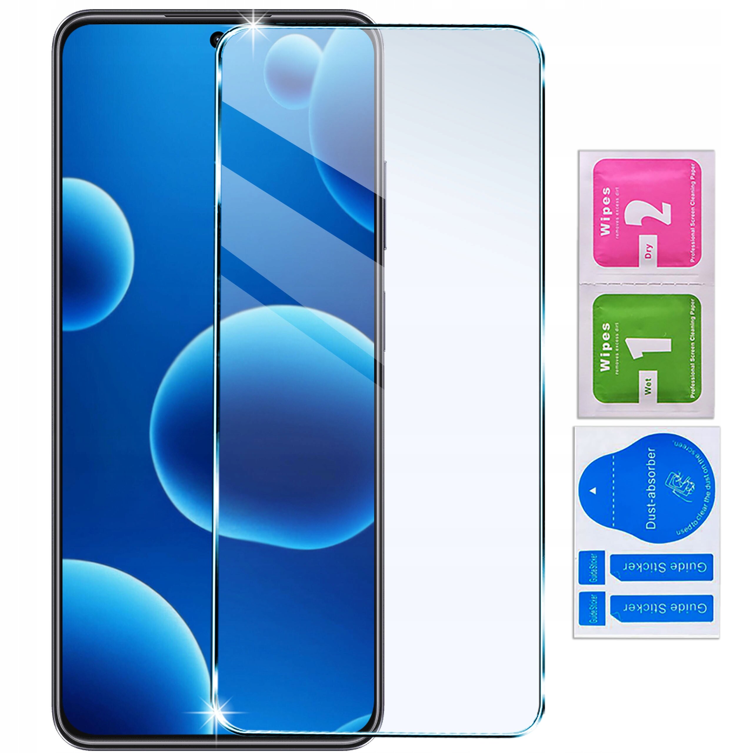 Na obrazie widoczny jest telefon z nałożonym szkłem ochronnym, obok znajdują się trzy saszetki z napisami: \'Wipes 2 Dry\', \'Wipes 1 Wet\' oraz \'Dust absorber\'.