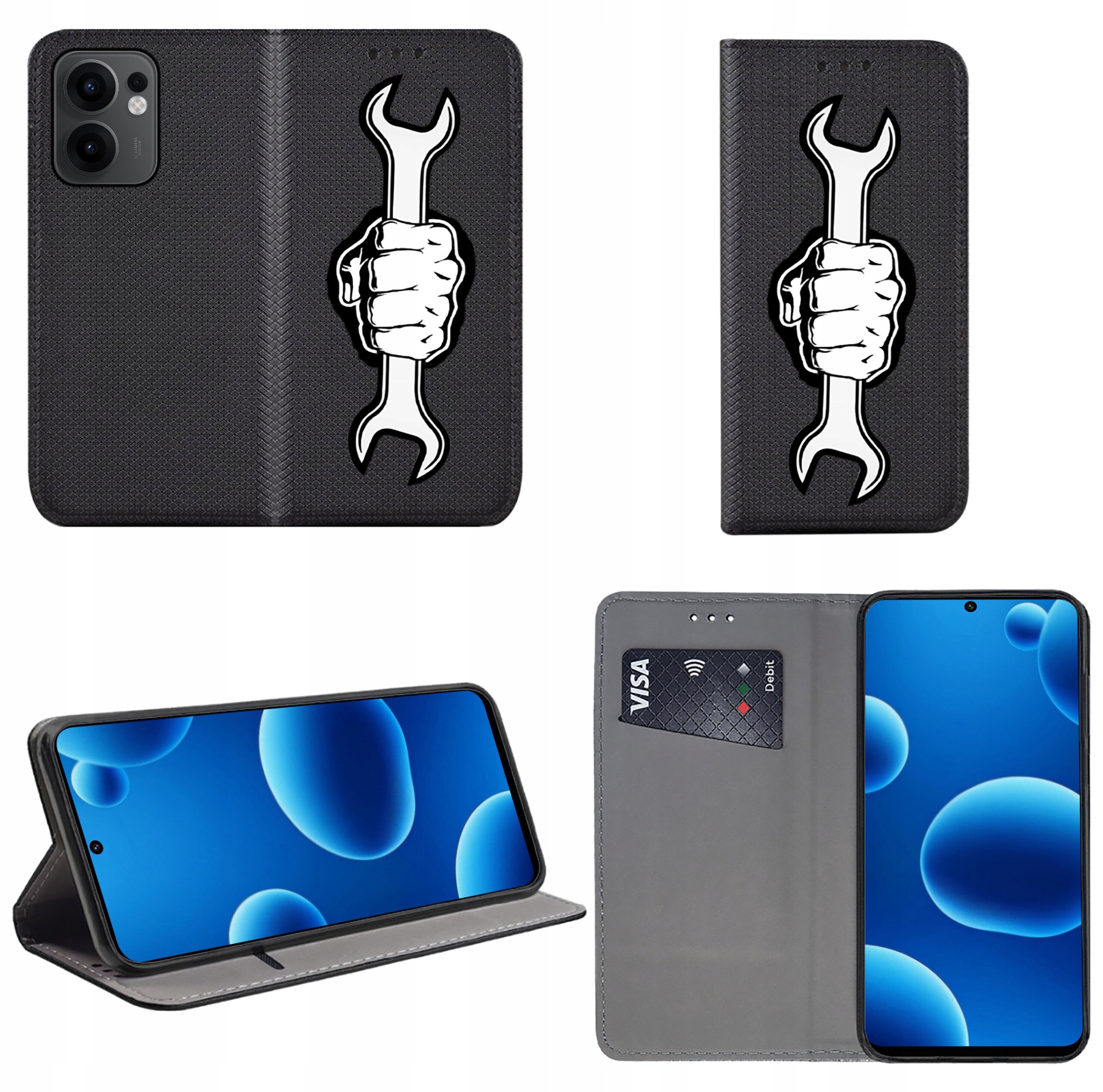 Obraz przedstawia czarne etui na telefon z nadrukiem dłoni trzymającej klucz. Wewnątrz etui znajduje się miejsce na kartę płatniczą z widocznym napisem \'VISA\'.