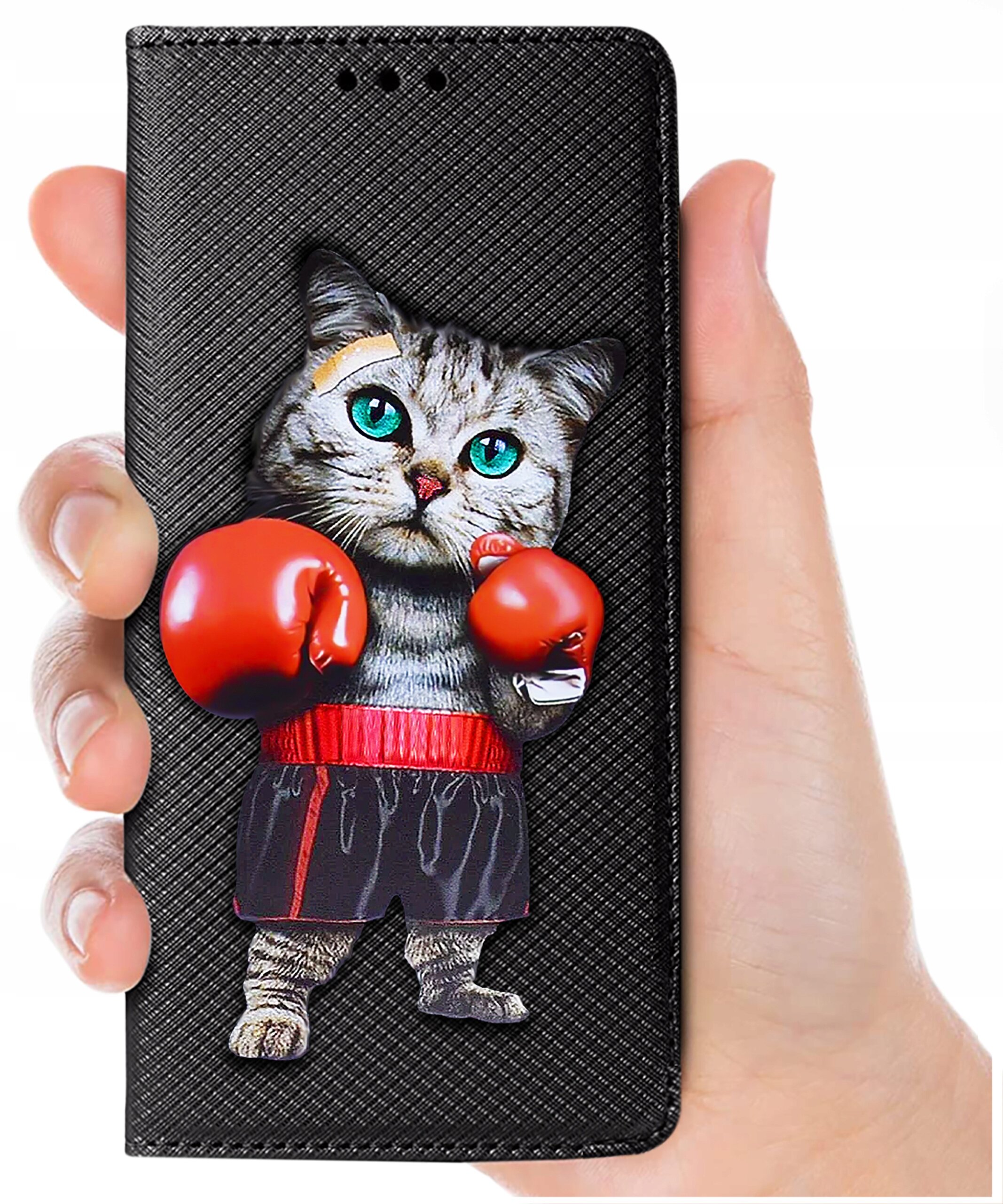 Etui na telefon z wizerunkiem kota w rękawicach bokserskich, trzymane w dłoni. Tło etui ma teksturę przypominającą siatkę.