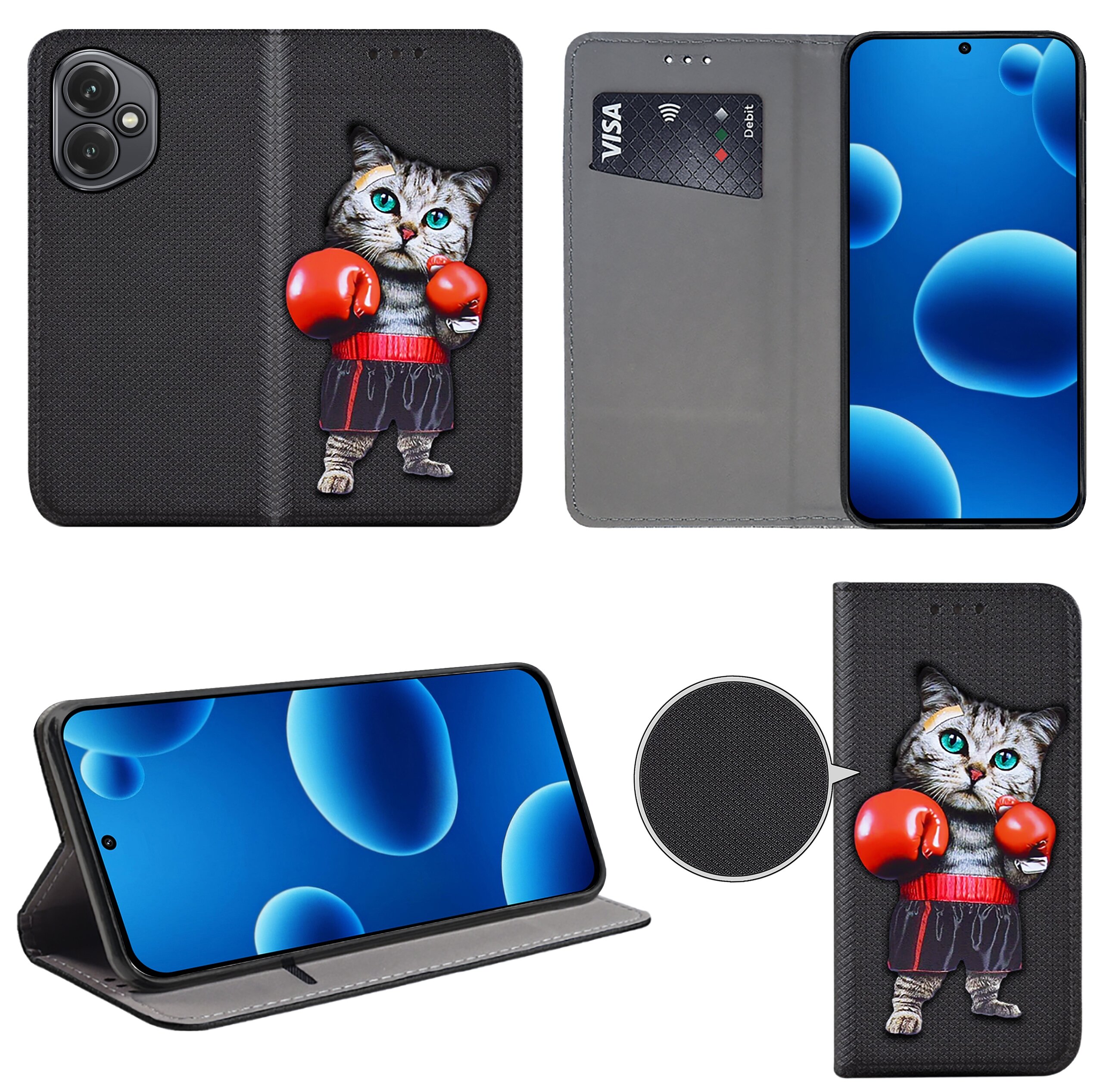 Etui na telefon z motywem kota w czerwonych rękawicach bokserskich, posiada funkcję portfela z miejscem na karty. Wnętrze etui jest szare, a ekran telefonu wyświetla niebieskie bąbelki.
