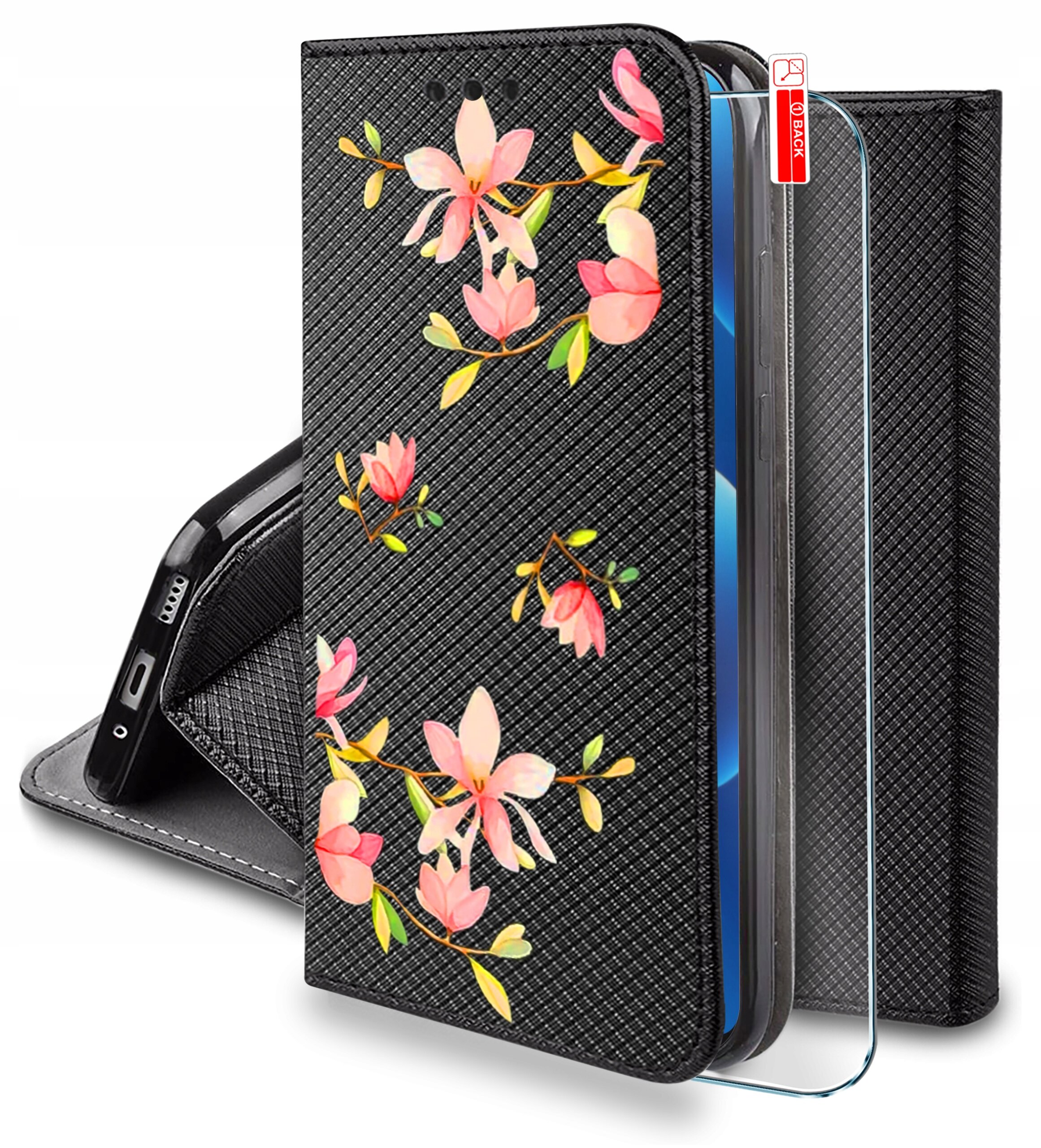 Etui do telefonu z czarnym wzorem i różowymi kwiatami, z przezroczystym szkłem ochronnym. Widoczny napis \'0.3 BLACK\'.