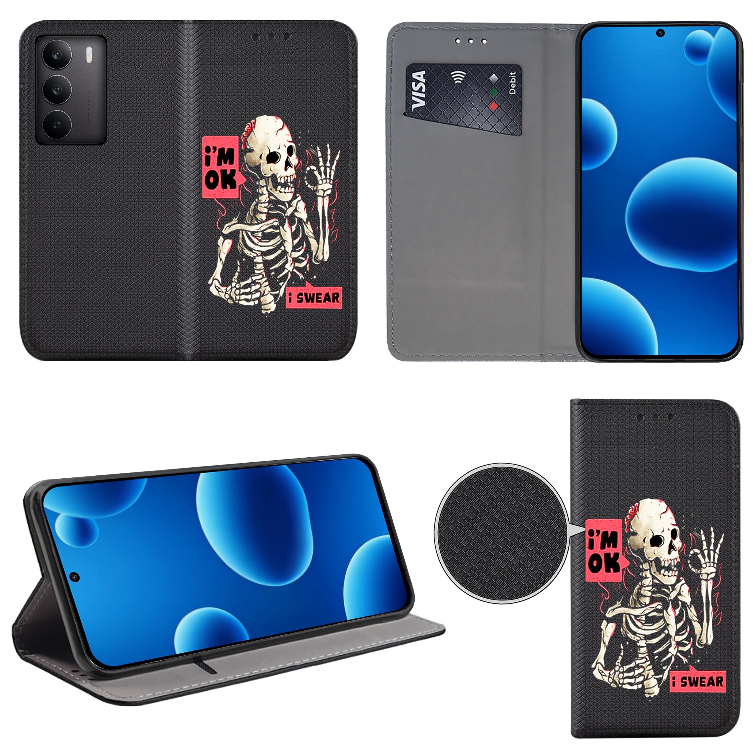 Etui na telefon z nadrukiem szkieletu i napisami \'i\'m OK\' oraz \'i SWEAR\'. Wewnątrz znajduje się miejsce na kartę płatniczą, a ekran telefonu wyświetla niebieskie bąbelki.