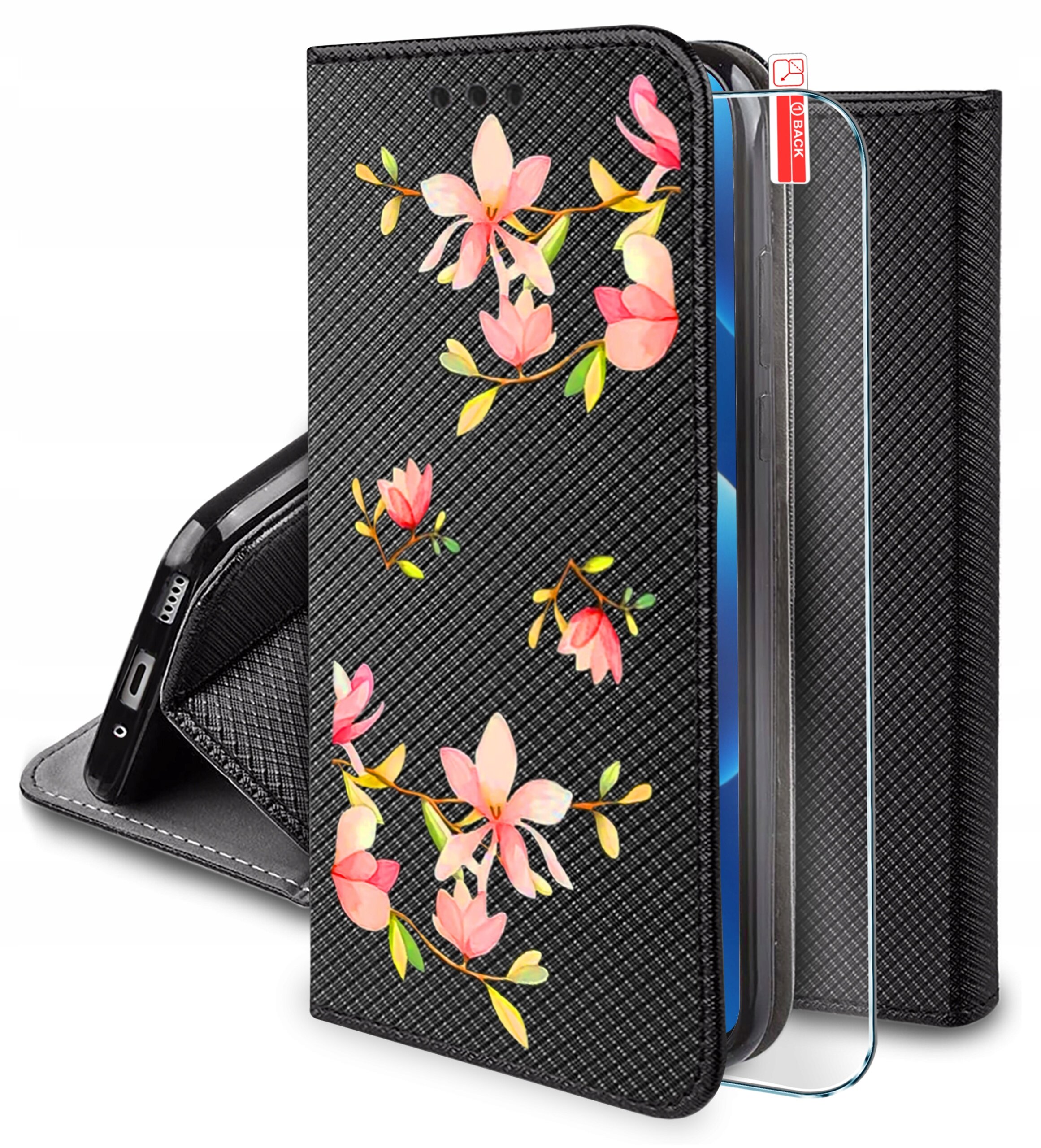 Czarne etui z teksturą i kolorowymi kwiatami, obok którego znajduje się szkło ochronne z napisem \'10 BLACK\'.