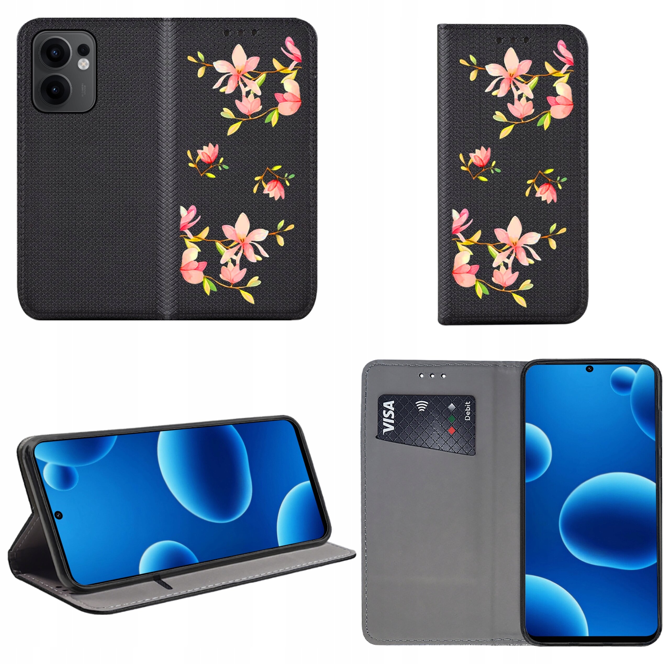 Obraz przedstawia czarne etui na telefon z motywem kwiatowym w kolorze różowym i zielonym. Etui ma funkcję stojaka i miejsce na kartę płatniczą z widocznym napisem \'VISA\'.