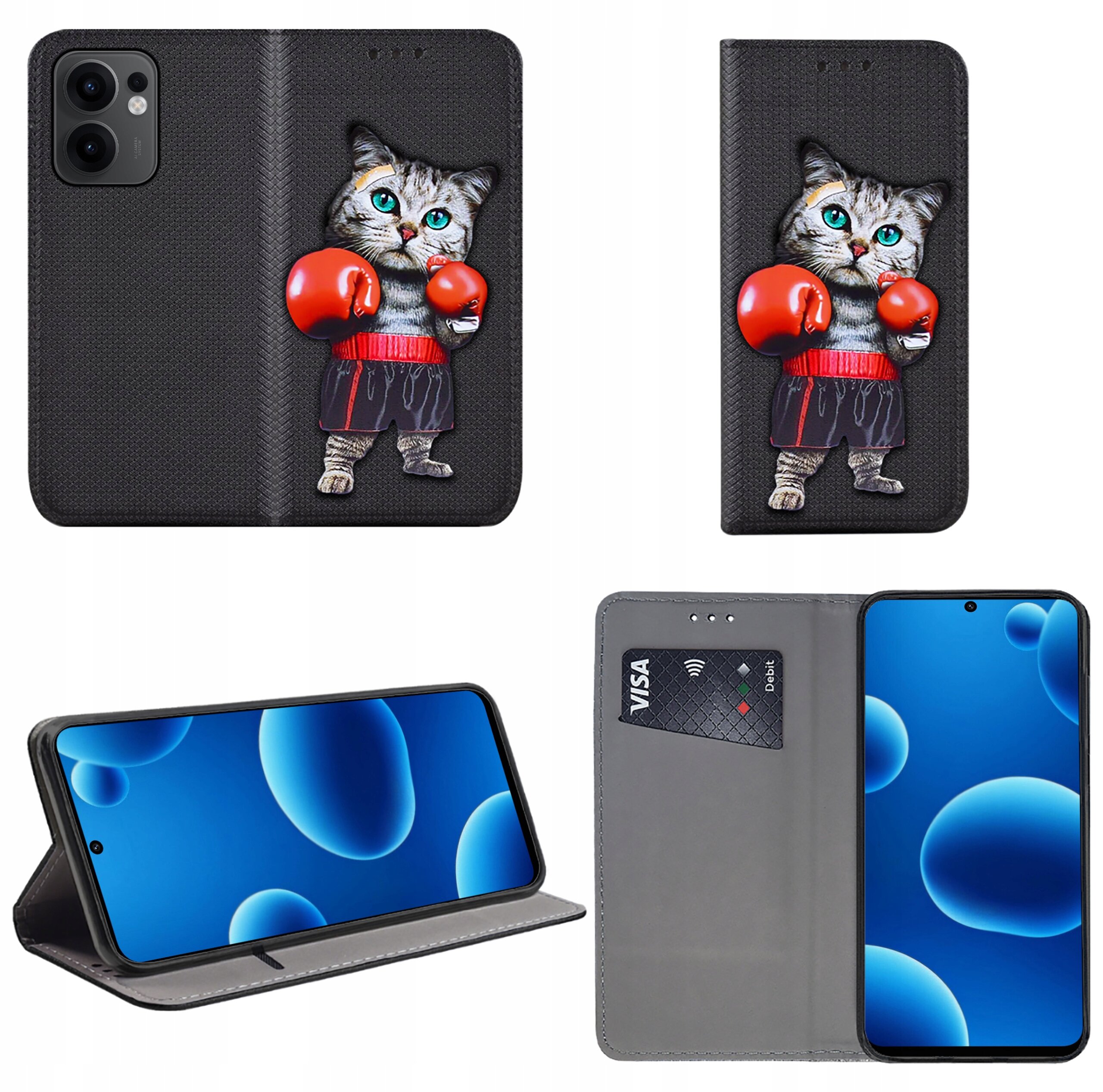 Etui na telefon z motywem kota w rękawicach bokserskich, wykonane z czarnego materiału. Wewnątrz znajduje się miejsce na kartę płatniczą z widocznym napisem \'VISA\'.