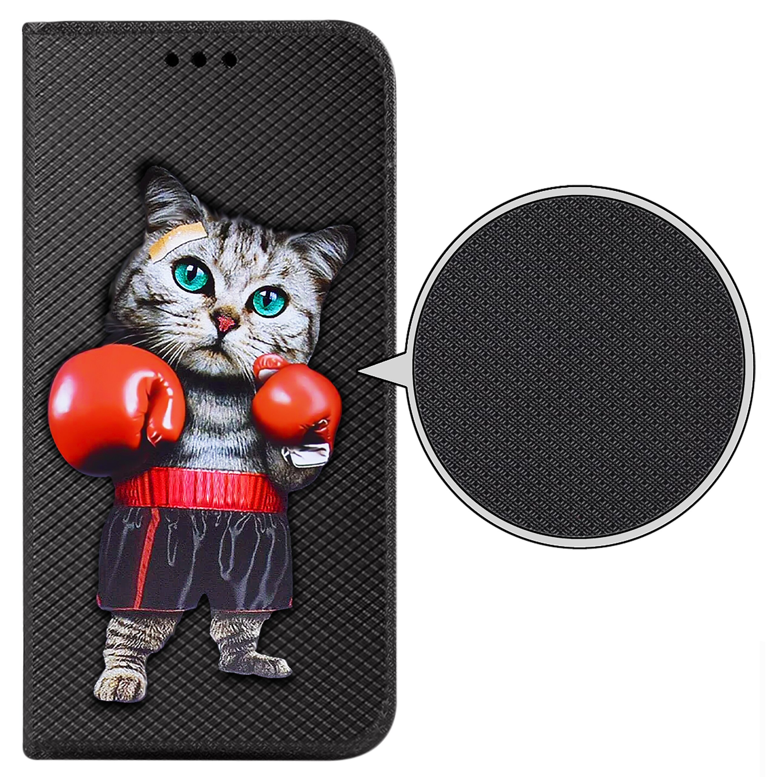 Etui na telefon z wizerunkiem kota w czerwonych rękawicach bokserskich na tle czarnej, teksturowanej powierzchni. Obok znajduje się powiększenie wzoru tekstury etui.