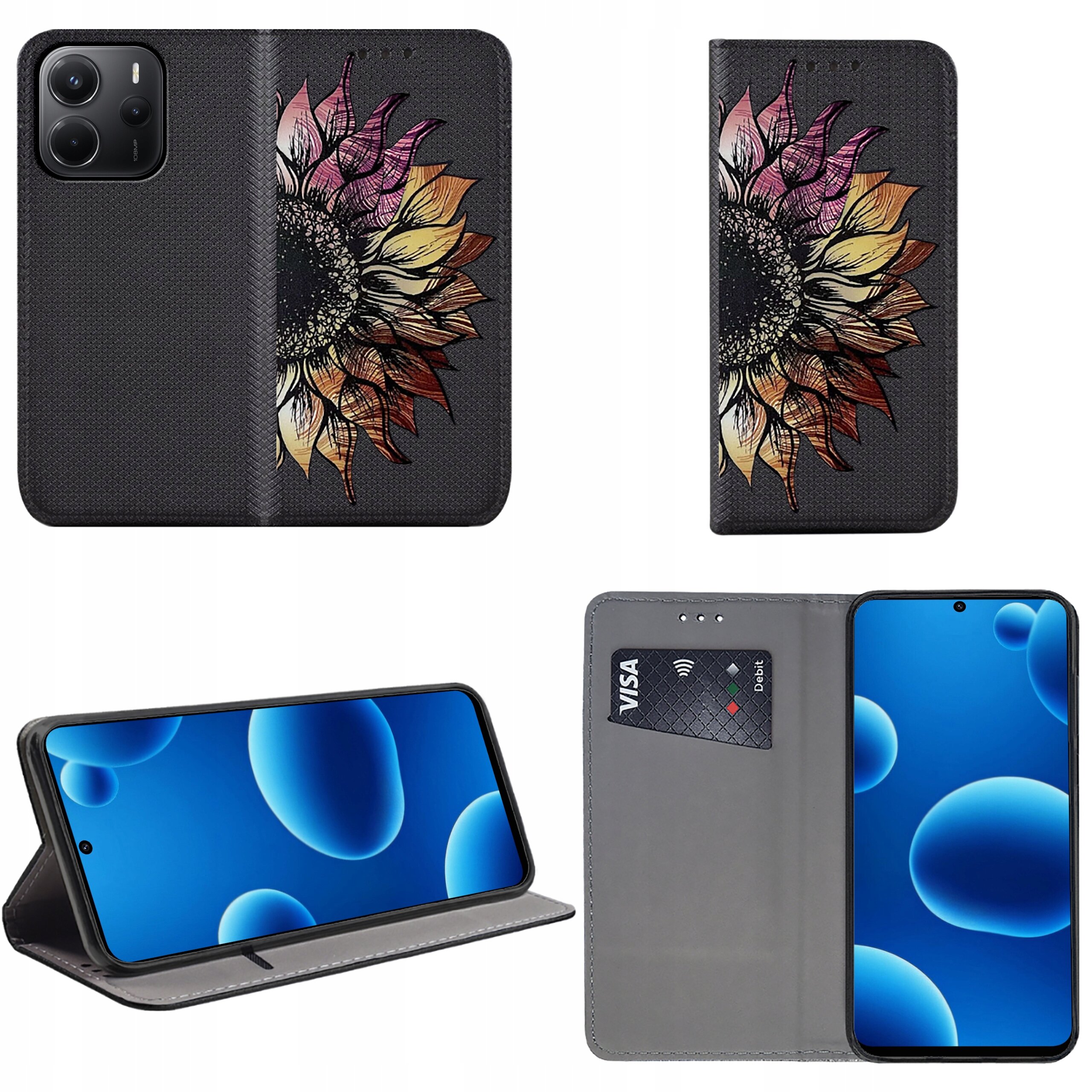 Etui na telefon z motywem słonecznika, posiada funkcję portfela z miejscem na kartę płatniczą. Telefon w etui jest ustawiony w pozycji poziomej, a ekran wyświetla niebieskie bąbelki.