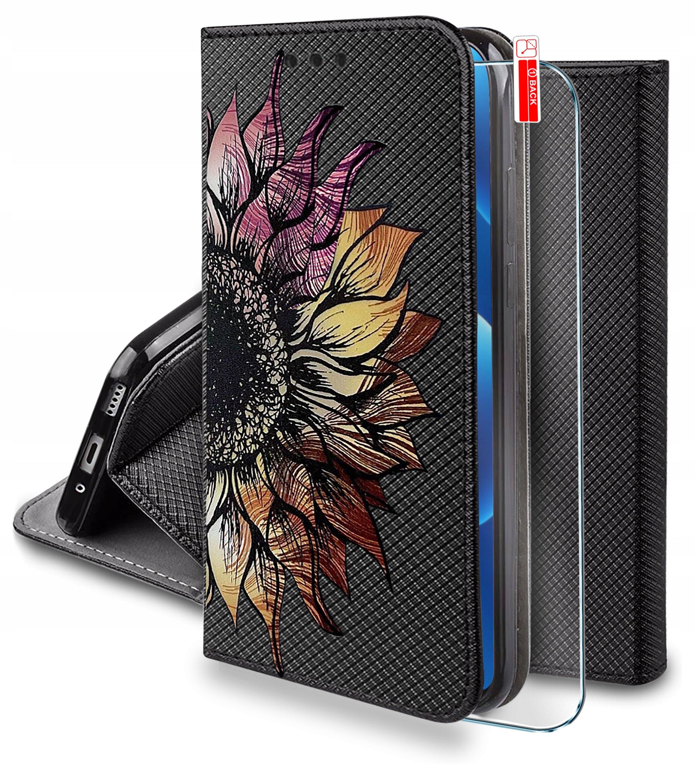 Etui na telefon z motywem dużego, kolorowego kwiatu na czarnym tle, z widocznym szkłem ochronnym. Na etui znajduje się napis \'OB BACK\'.