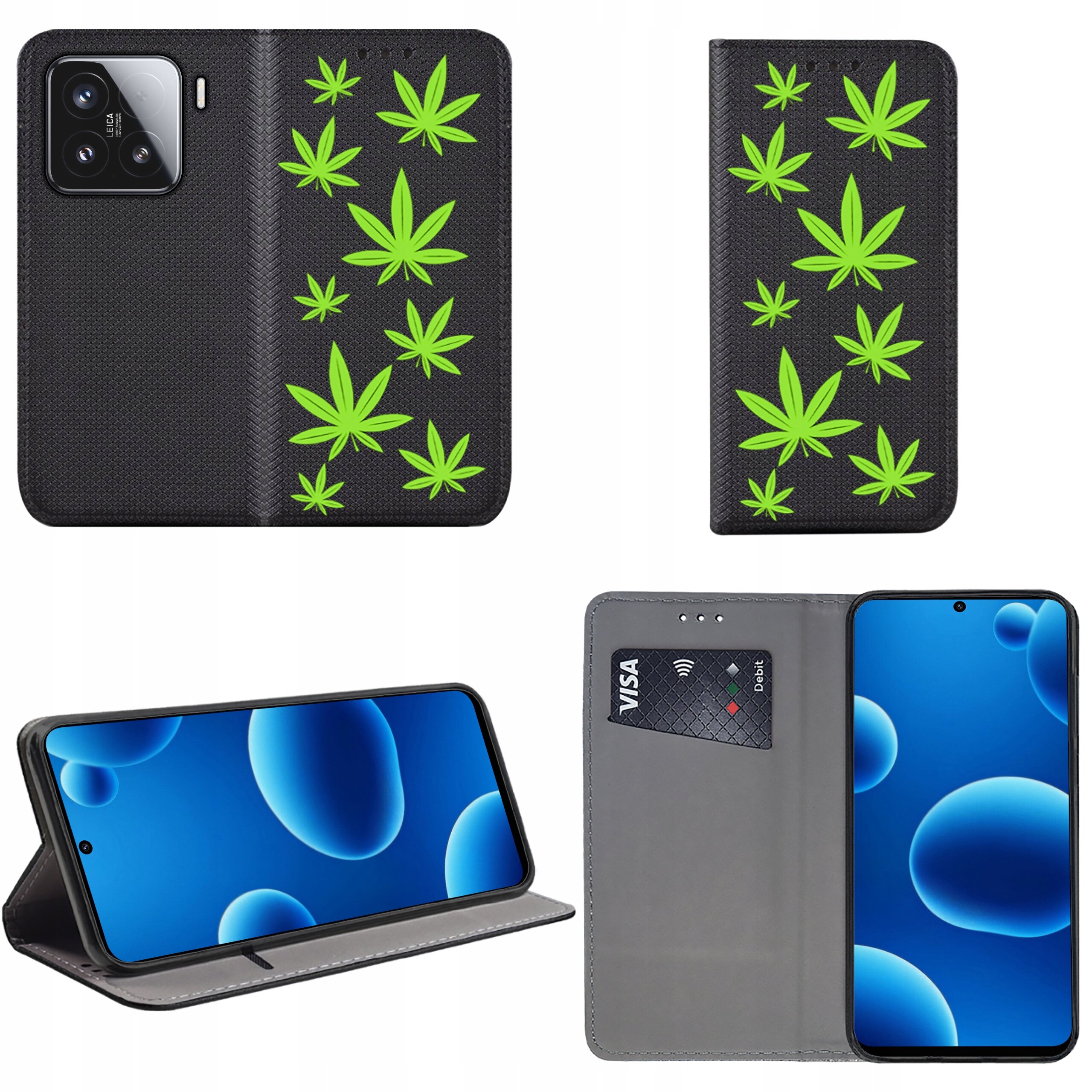 Etui na telefon z czarnym tłem i zielonymi wzorami liści, posiada funkcję stojaka oraz miejsce na kartę płatniczą. Wewnątrz widoczny jest ekran telefonu z niebieskim motywem bąbelków.