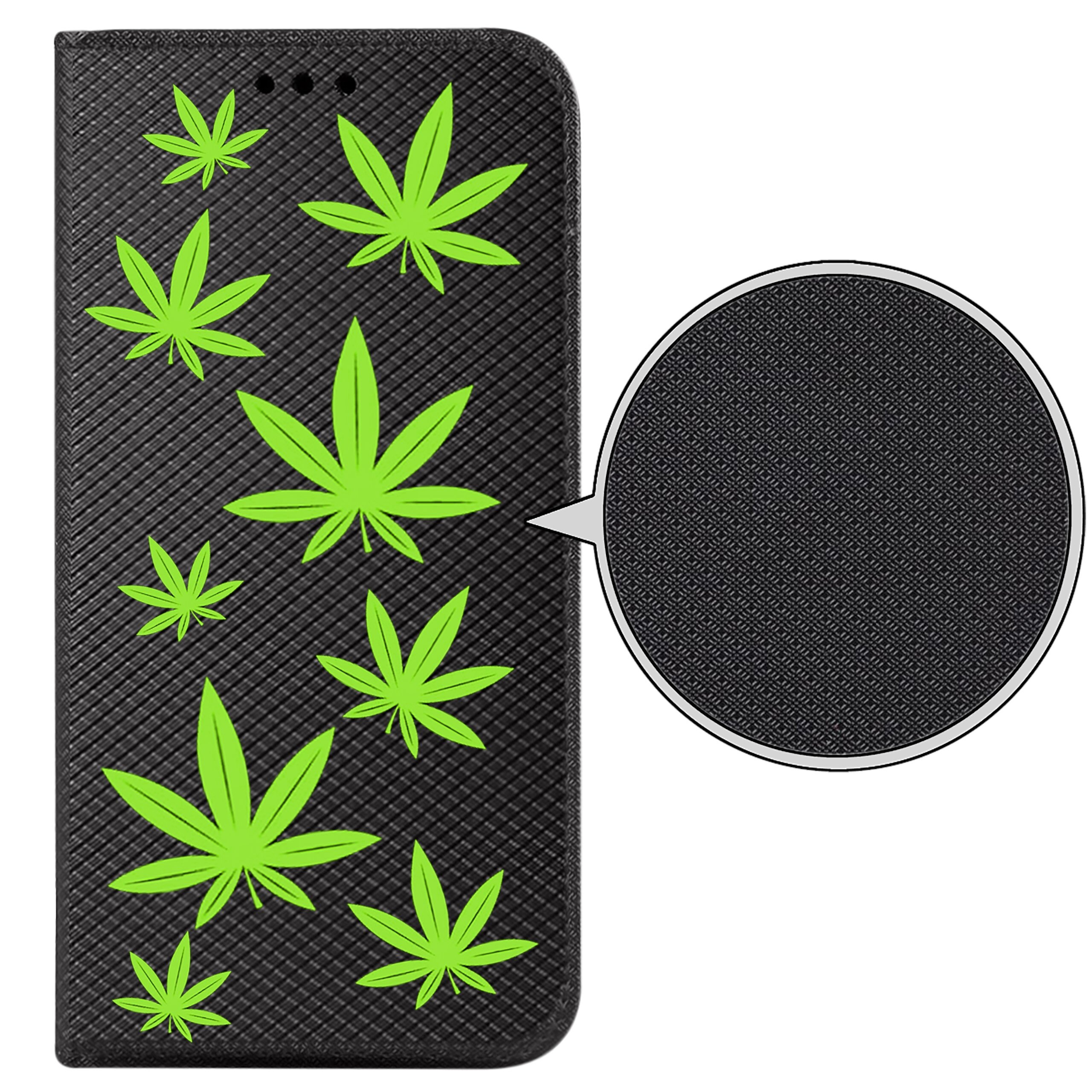 Czarne etui z zielonymi liśćmi na powierzchni, zbliżenie pokazuje teksturę materiału. Etui ma wzór przypominający liście i jest przeznaczone do telefonu.