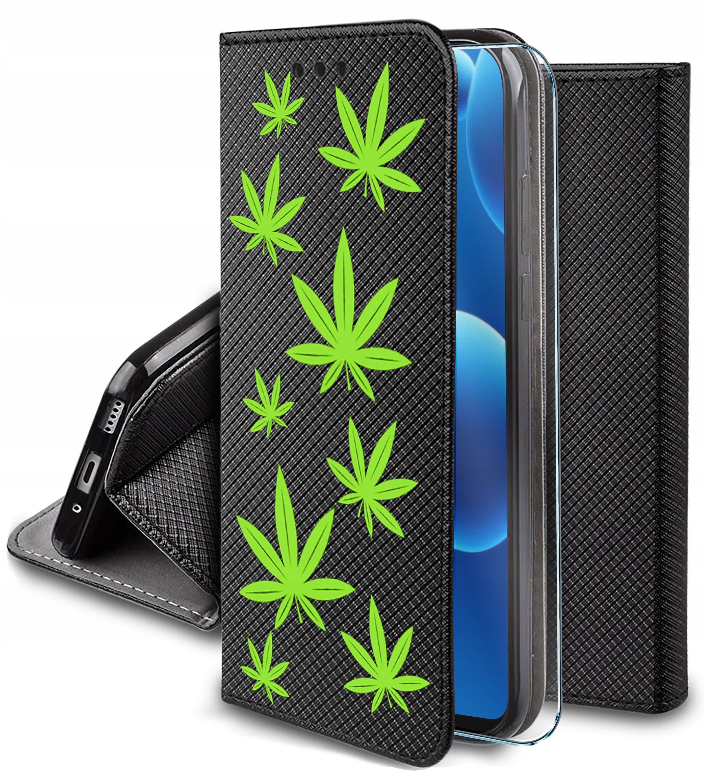 Czarne etui na telefon z zielonymi wzorami liści, otwarte, z widocznym ekranem telefonu. Etui ma teksturę i funkcję stojaka.