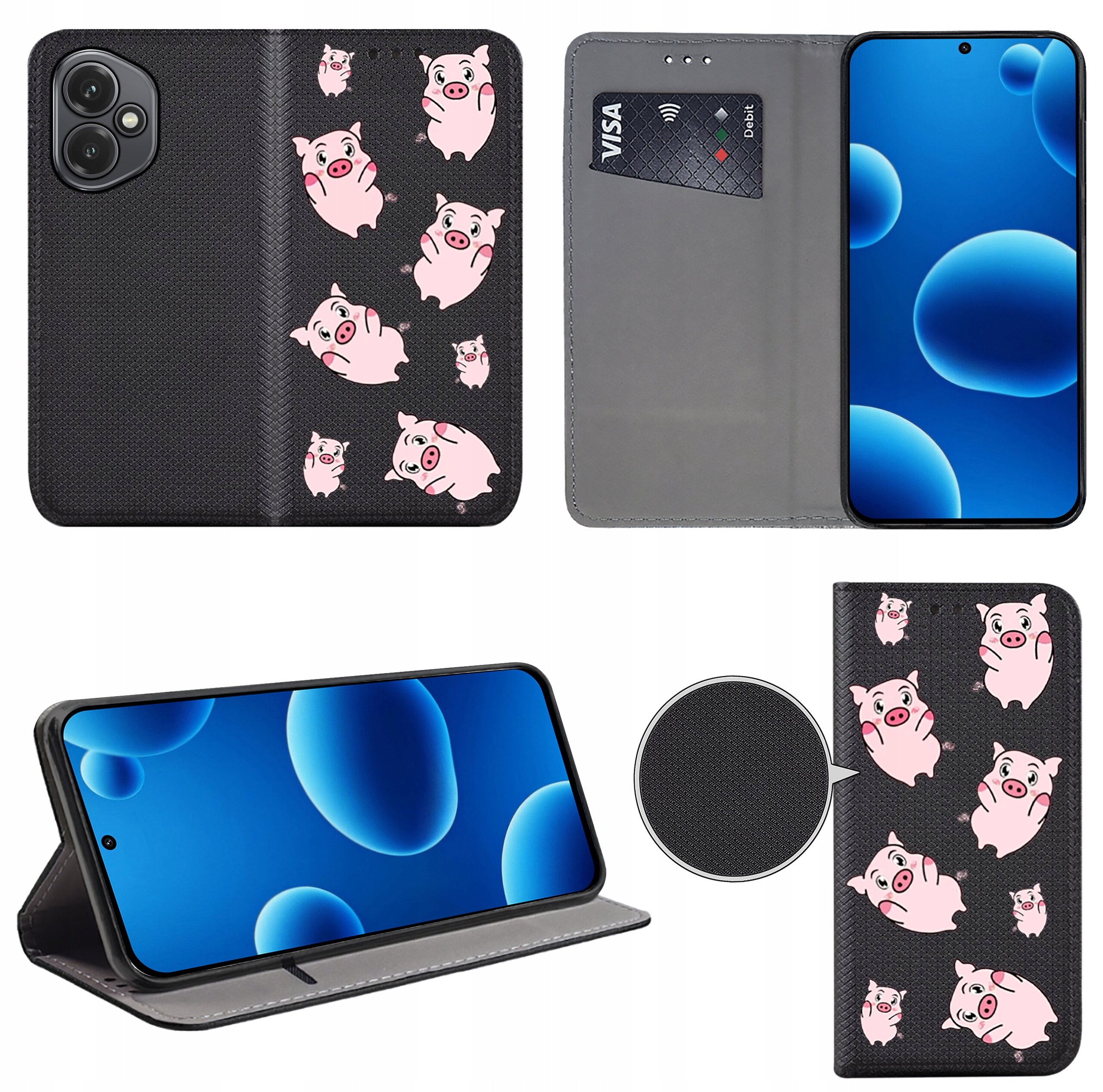 Etui na telefon z czarnym tłem ozdobione różowymi świnkami, posiada miejsce na kartę płatniczą z napisem \'VISA\'. Telefon w etui wyświetla niebieski ekran z okrągłymi kształtami.