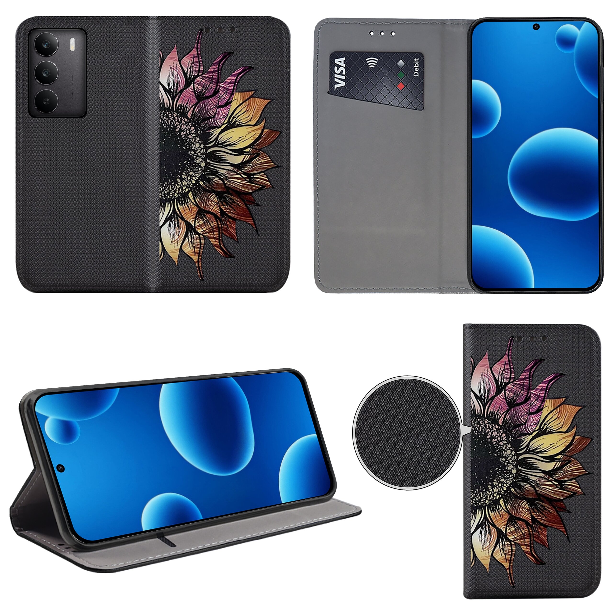 Etui do telefonu z motywem słonecznika na czarnym tle, posiada funkcję portfela z miejscem na karty. Wnętrze etui jest szare, a telefon wyświetla niebieski ekran z bąbelkami.