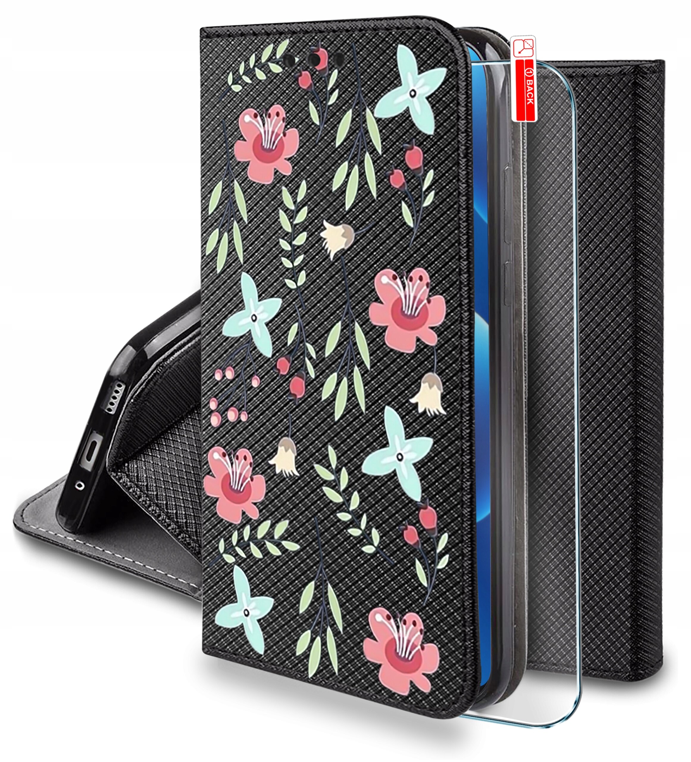 Etui do telefonu z motywem kwiatowym w kolorach różowym i niebieskim na czarnym tle, z dołączonym szkłem ochronnym 9H. Widoczny jest również napis \'OBACK\'.