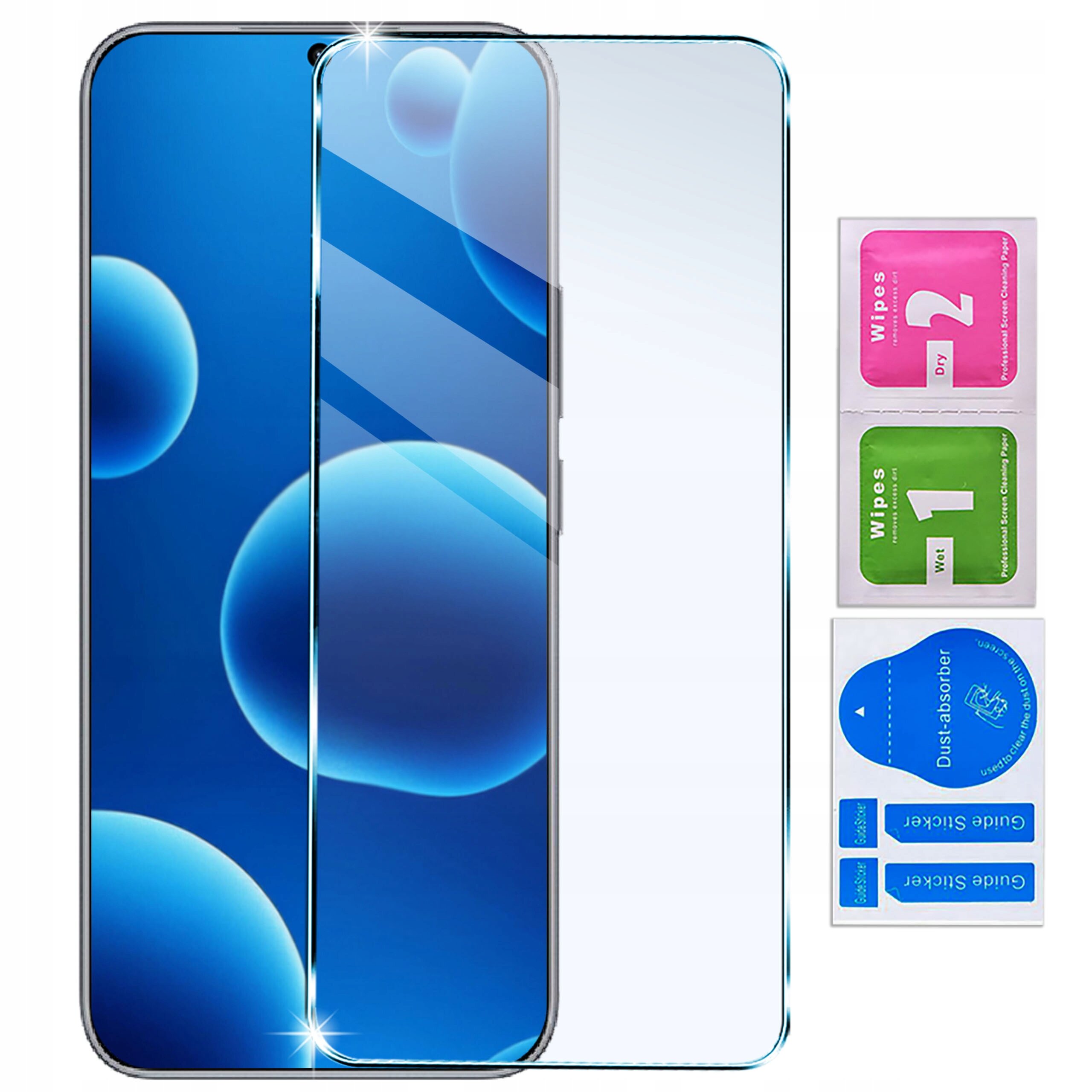 Na obrazie widoczny jest telefon z nałożonym szkłem ochronnym, obok znajdują się trzy saszetki z napisami: \'Wipes 2 Dry\', \'Wipes 1 Wet\' oraz \'Dust absorber\'.