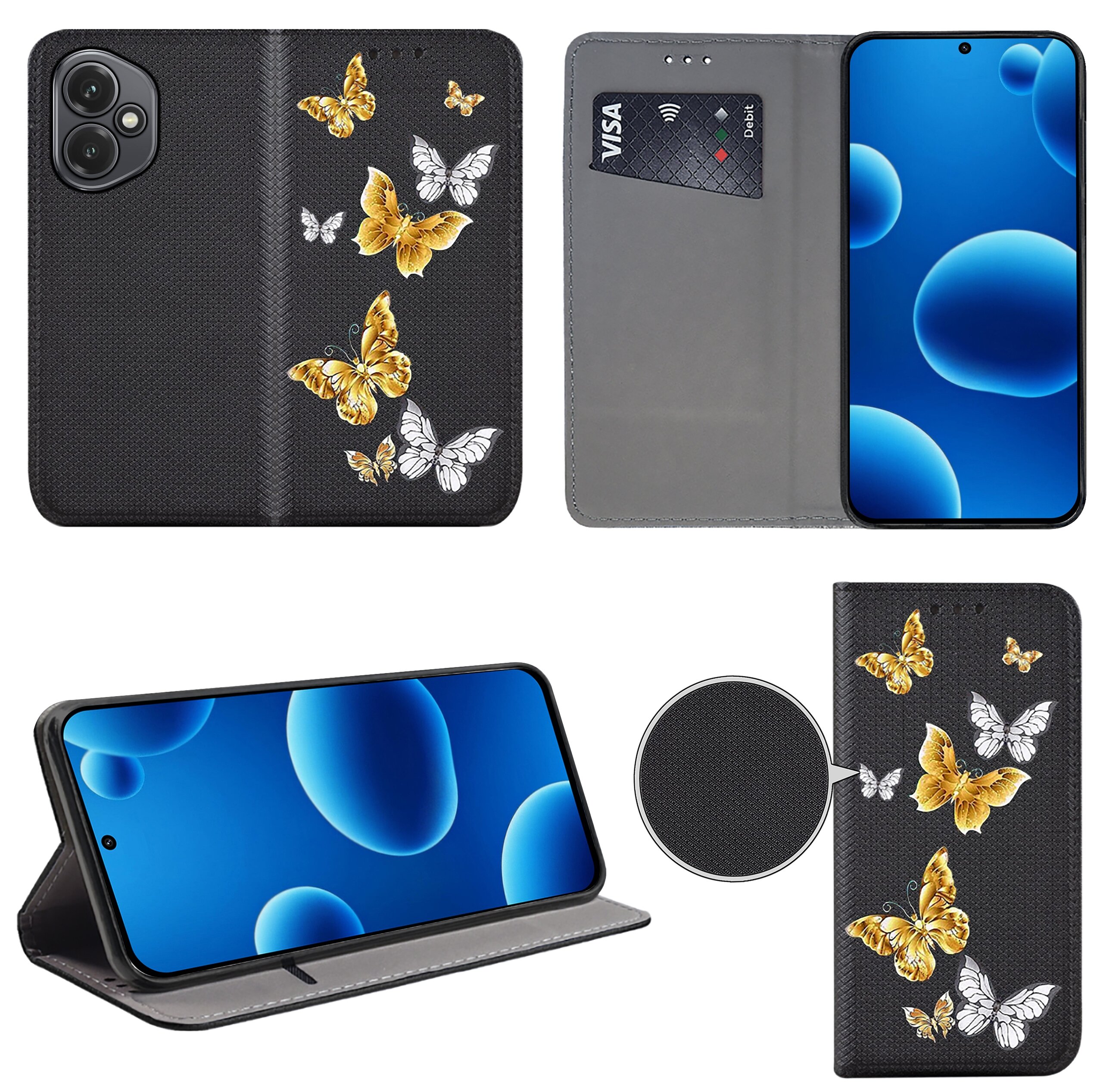 Etui do telefonu z motywem złotych i białych motyli na czarnym tle, z funkcją portfela i miejscem na kartę płatniczą. Telefon w etui wyświetla niebieski ekran z okrągłymi kształtami.