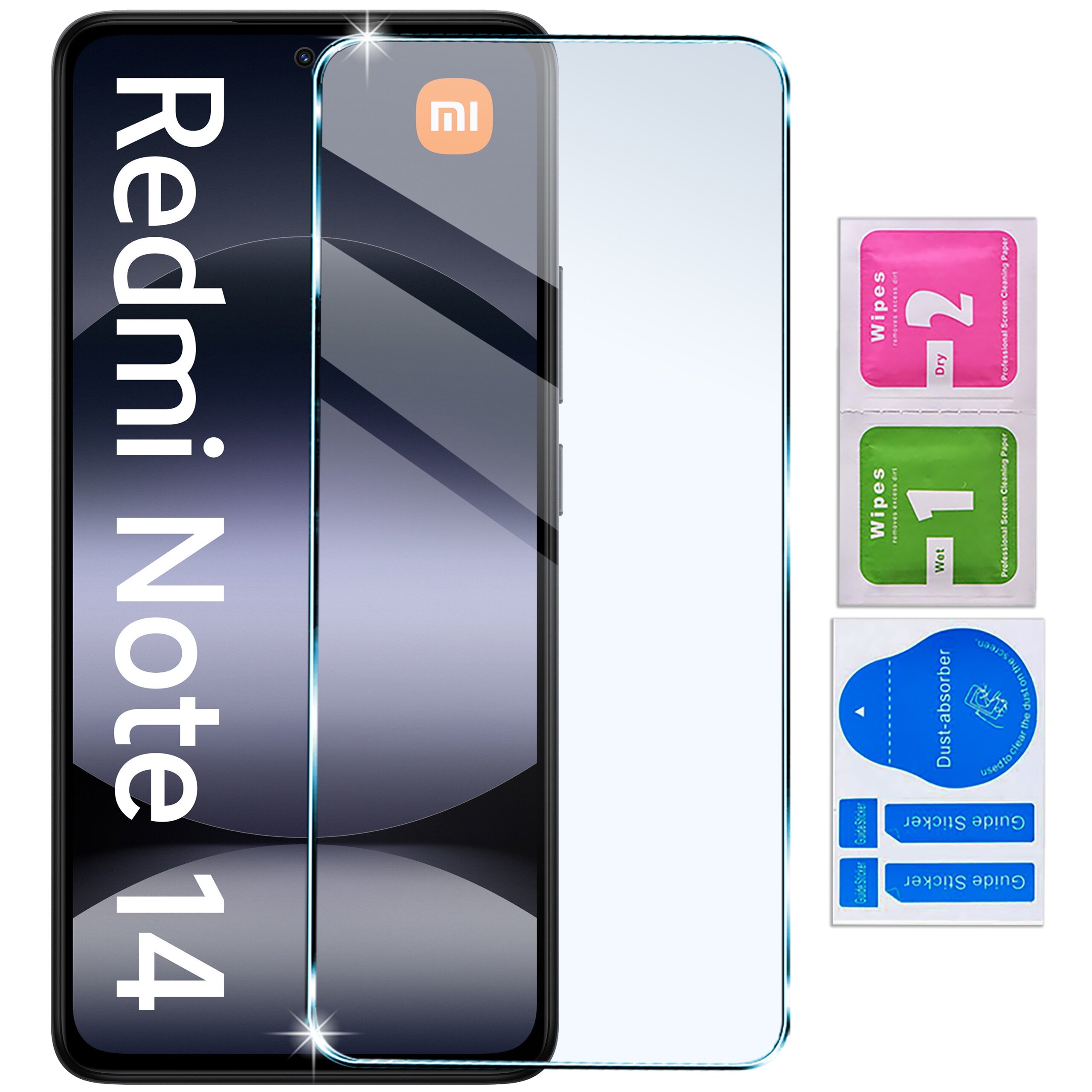 Na obrazie widoczny jest telefon z napisem \'Redmi Note 14\' oraz przezroczyste szkło ochronne z logo \'mi\'. Obok znajdują się trzy saszetki oznaczone jako \'Wipes 1\', \'Wipes 2\' oraz \'Dust absorber\'.