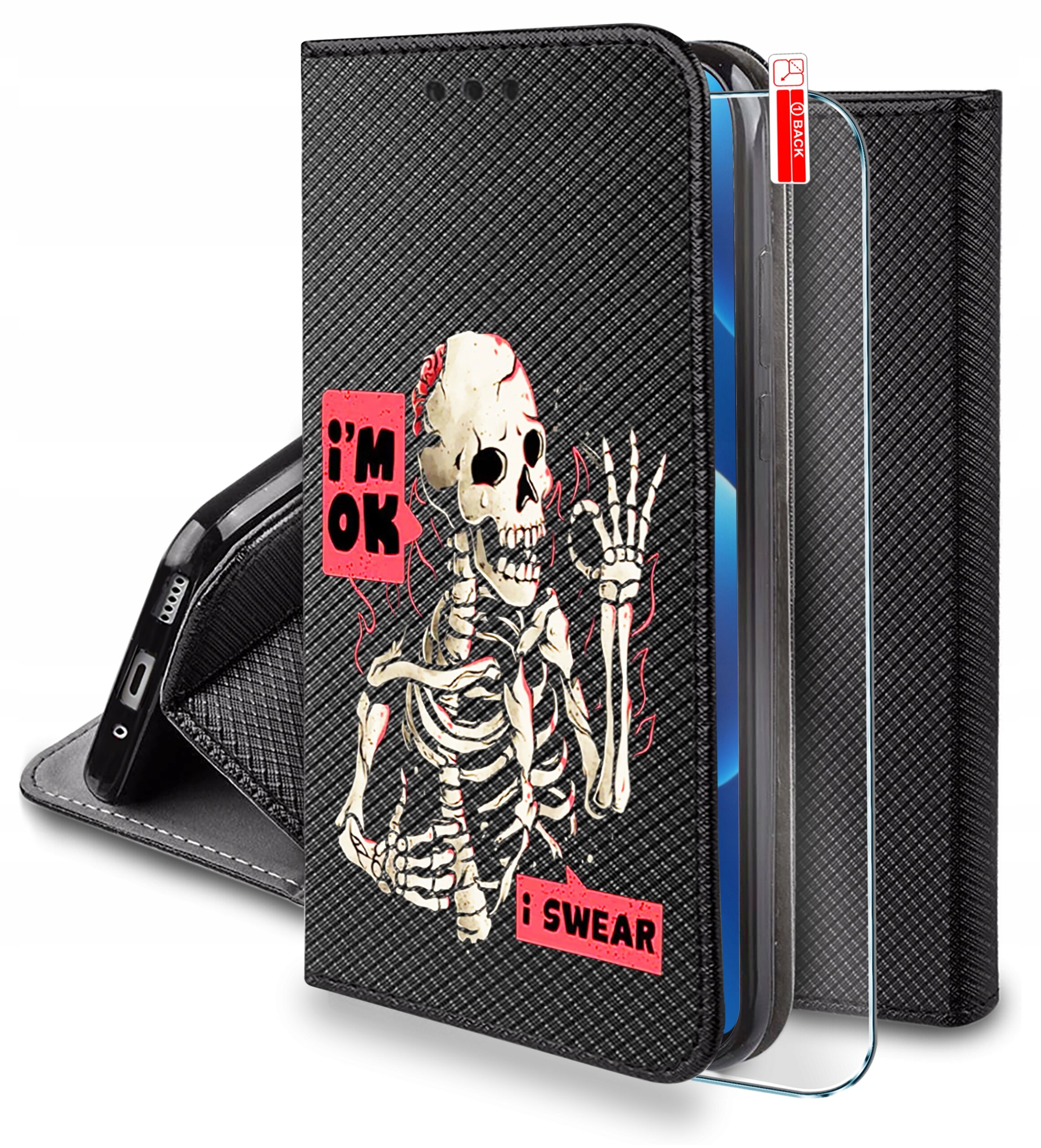 Etui do telefonu z czarnym wzorem i grafiką szkieletu oraz napisami \'i\'m OK\' i \'i SWEAR\'. Obok etui znajduje się szkło ochronne z oznaczeniem \'9H\'.