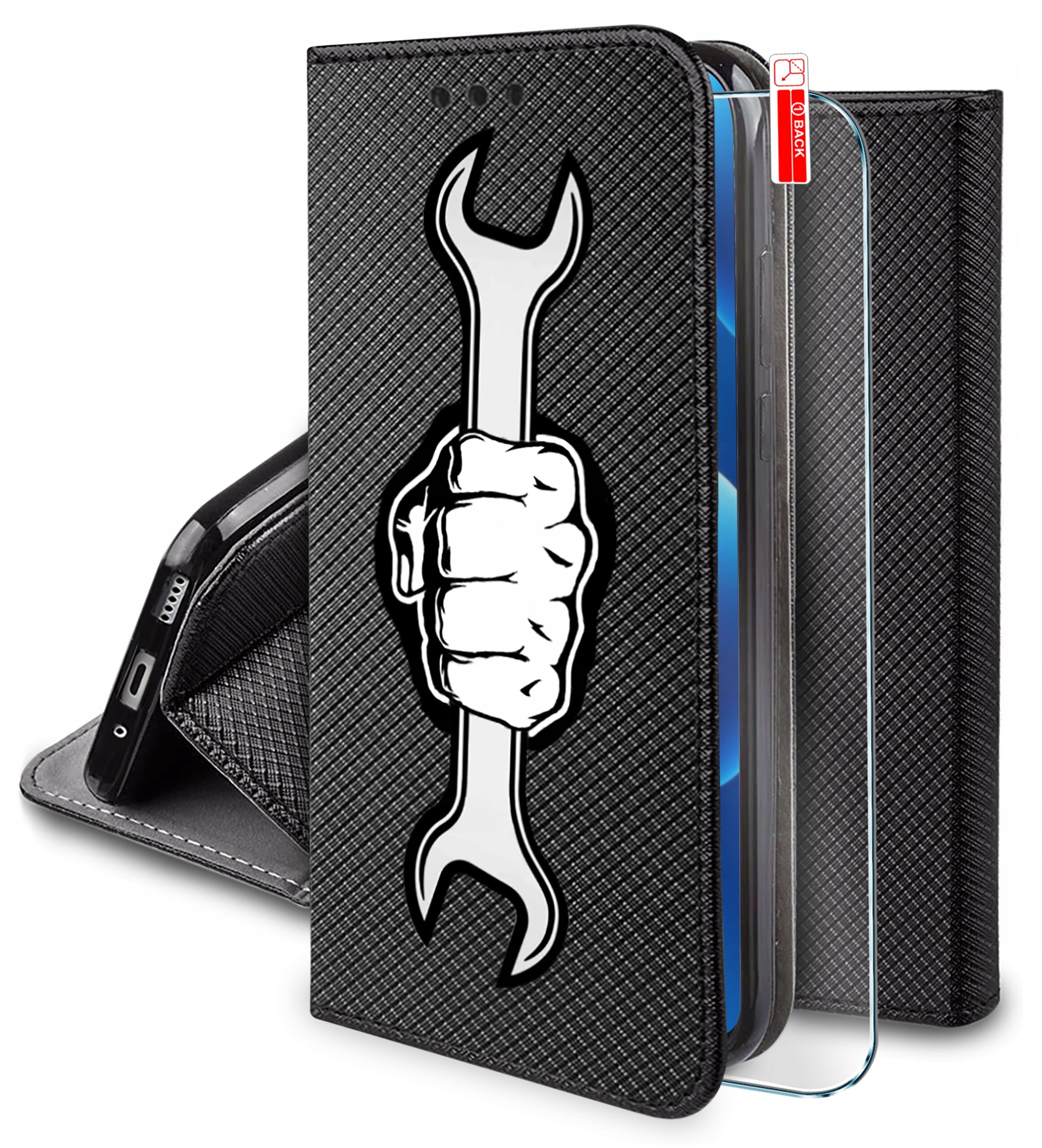 Czarne etui z teksturą, ozdobione grafiką przedstawiającą rękę trzymającą klucz. Obok etui znajduje się szkło ochronne z etykietą \'0.3 Back\'.